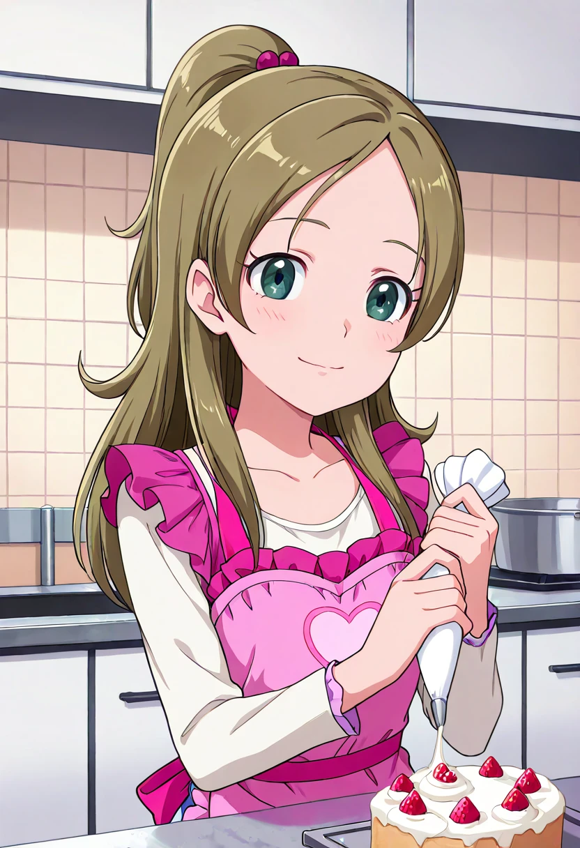 masterpiece, best quality, absurdres, very aesthetic, general,
minamino kanade, casual, 1girl, solo, cake, green eyes, smile, eyelashes, long hair, brown hair, half updo, ponytail, collarbone, pink apron, long sleeves, hair ornament, indoors, shiny hair, pastry bag, frills, closed mouth, kitchen, looking at viewer, hair bobbles, light brown hair, upper body, icing, frilled apron, white shirt, aqua eyes, blonde hair, heart print, flipped hair, parted bangs, scrunchie, blue eyes, light smile, happy, cream, baking, pastry, high ponytail, cooking, green hair, anime coloring,
<lora:cure_rhythm_minamino_kanade_illustXL_locon_v1:0.7>