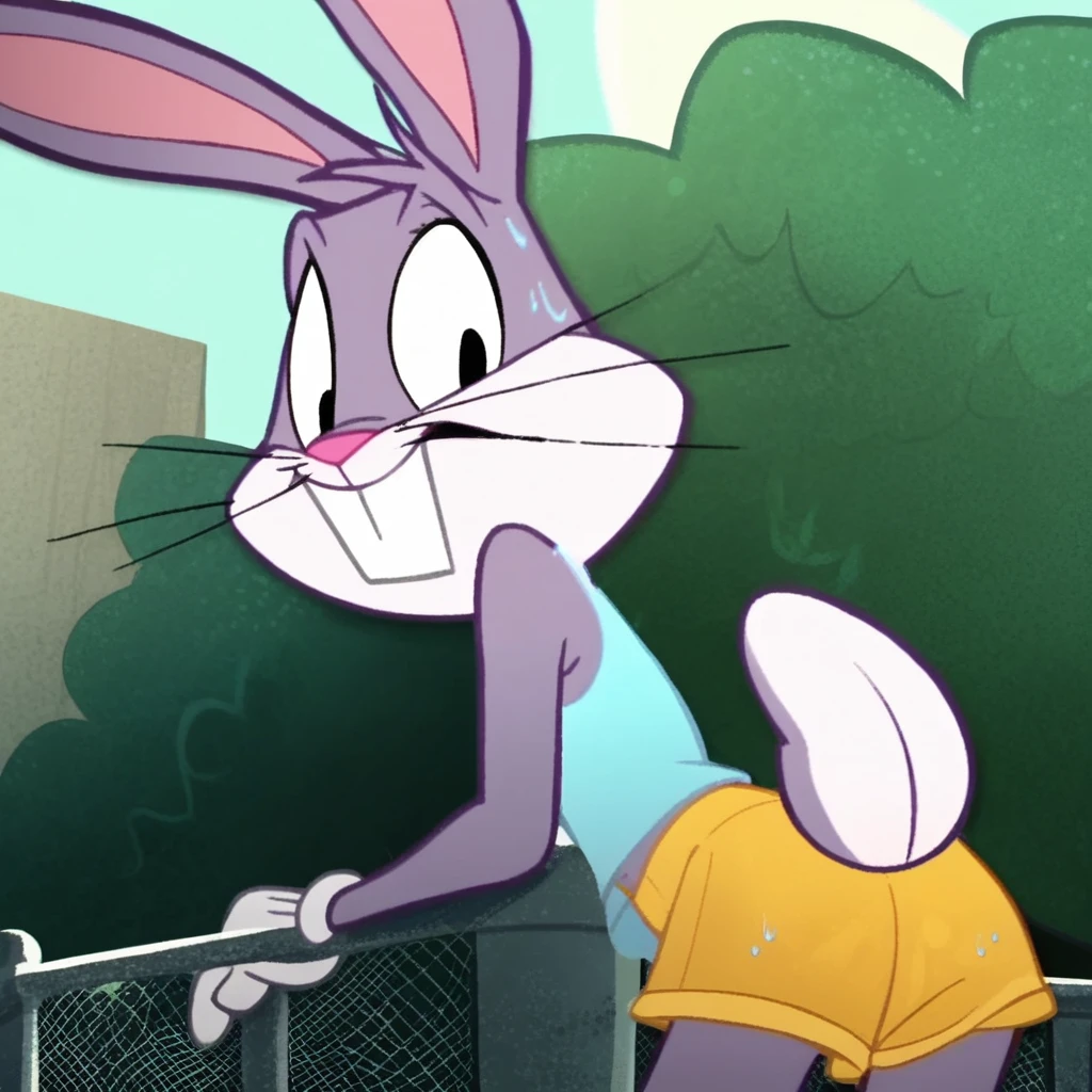 ((Bugs bunny)), ((big beautiful horse cock!)), (Crying in pain), (1 bunny, Medium Build, Solo:1.3), (Expressive Eyes, Brown:1.2), (standing Comfortable:1.2), (Large Butt,: 1.3), ((large horse cock!)), (Happy:1.2), (Green Grass, Sunny Day:1.2), (Tree in Background:1.2), (Wooden Fence, Nearby:1.2).
