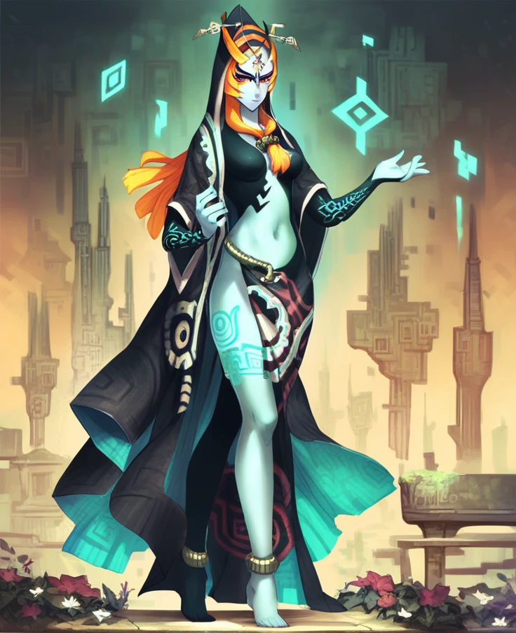 by takahirosi, city skyline, solo, midna, female, trueform, hooded cloak, jewelry, red eyes, yellow sclera, orange hair, full-length portrait, best quality, highly detailed, <lora:MidnaXL_02-Pony-lr2-nd32-na32-ep20:1>, score_9, score_8_up, score_7_up, score_6_up, score_5_up, score_4_up