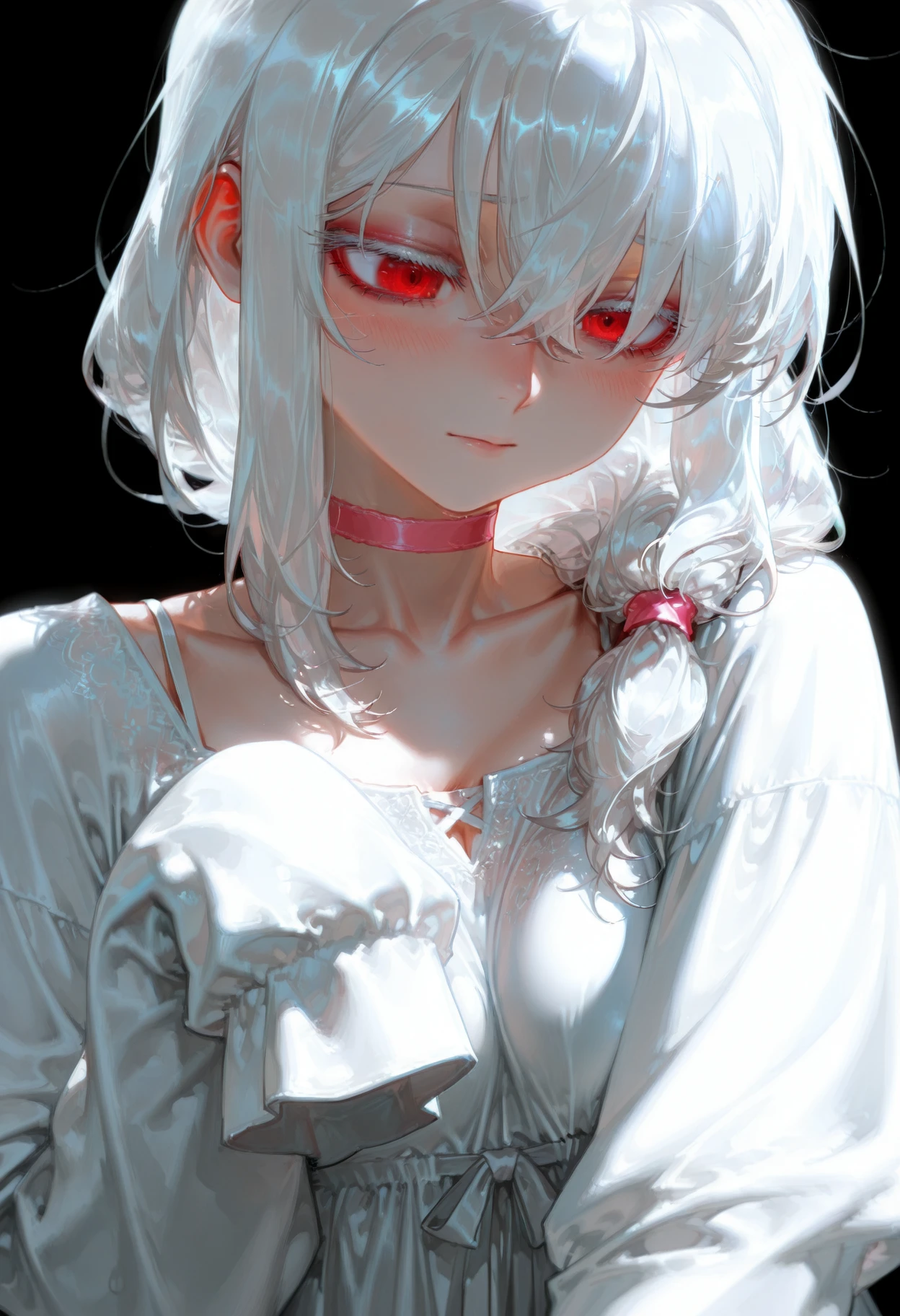 by z-ton, (tianliang duohe fangdongye:0.8), krekkov, quasarcake, rella,
1girl, upper body, white hair, albino, makeup, blush, eyeshadow, pink choker, colored eyelashes, hair between eyes, hair over eyes, sidelocks, low tied hair, hair over shoulder, long hair, messy hair, long sleeves, pale skin, red eyes, detailed eyes, white sundress, simple background, black background, sleeves past wrists, sleeves past fingers, white theme
masterpiece, best quality, amazing quality, very awa, absurdres