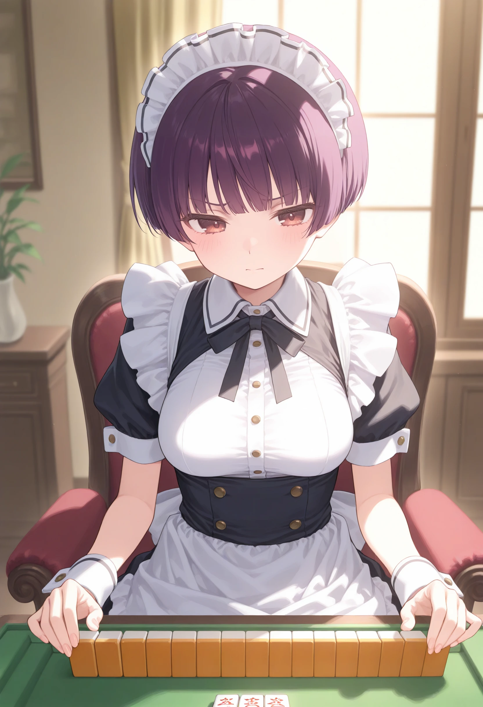 1girl,(sho \(sho lwlw\):0.7),(toosaka asagi:0.5),(sincos:0.3),solo,
masterpiece, best quality, newest, absurdres, CG, anime, source anime, illustration,
maid, maid headdress,medium breasts,
mahjong, mahjong tile ,mahjong table,sitting, chair, indoors, <lora:mahjong_Illust_v1:0.8>
holding mahjong tile ,
from behind, panorama shot, looking to the side, purple hair, brown eyes,furrowed brow,, closed mouth, bowl cut hair,