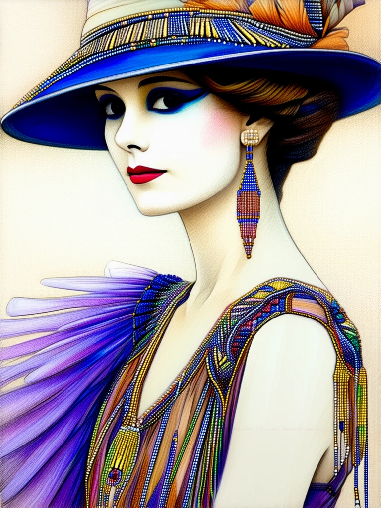 A flapper, beads, flouncy dress. Colorful. color pencil drawing.
artdcoCE_style