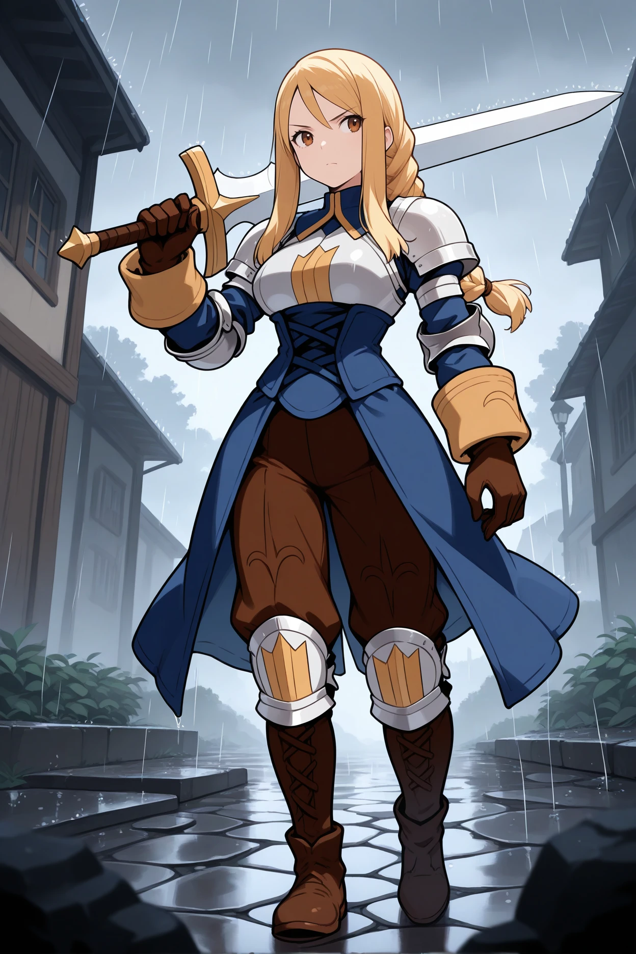 masterpiece, best quality, 1girl, solo, <lora:ffagrias-illu-nvwls-v1-000006:1> fftag, blonde hair, braided ponytail, sidelocks, long hair, brown eyes, armor, shoulder armor, blue dress, blue corset, elbow pads, long sleeves, brown pants, brown gloves, knee pads, brown boots, full body, sword over shoulder, grey sky, rain, cobblestones, thunder, serious, looking to the side, large breasts