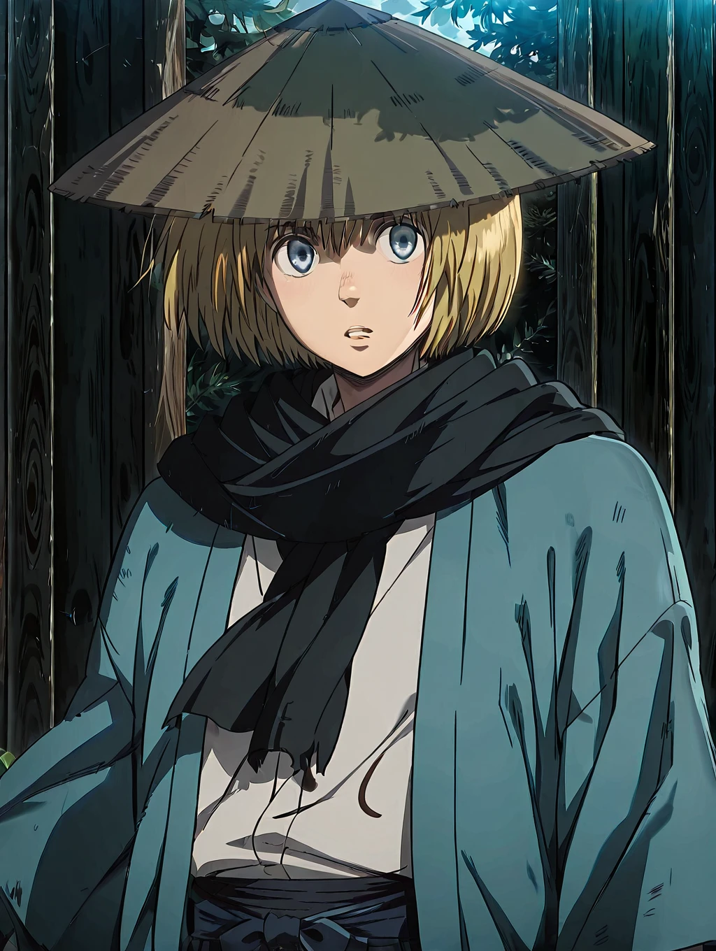 masterpiece, best quality, absurdres, detailed skin, detailed face, detailed eyes, anime colored, anime screencap, anime colored,
<lora:Armin_Arlert-000005:1>, 1 boy, solo, armin arlert, hat covering eyes,
blue haori, black scarf, hakama skirt,
kasa hat, <lora:kasa_alternate:1>,