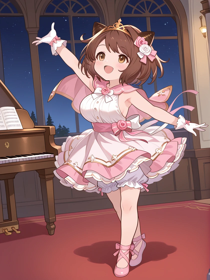 (masterpiece, best quality:1.4), ultra-detailed, 8k, illustration, clean skin, shiny hair, high res image, clear skin,
(shiny skin, glistening skin, shiny body, shiny face:0.6), <lora:Expressive_H:1>, expressiveh, <lora:add-detail-xl:1>, (cute face:1.4), aged down,
1girl, solo,
<lora:yaia_illustrious:1>,
1girl, solo, yaia (granblue fantasy), draph, horns, medium breasts, large breasts, short hair, brown hair, bangs, hair intakes,
brown eyes,
yaia (granblue fantasy) (ssr), flower, white gloves, tiara, yellow tiara, hair flower, pink bow, pink hair bow, pink ribbon, white flower, white rose, jewelry, crown,
white shirt, pink capelet,
white gloves,
pink dress, rose, pink rose, pink skirt, skirt, sleeveless, sleeveless dress, white dress, frilled white dress, frilled pink dress, white bow, striped white bow, bare shoulders, frills, bare legs, pom pom (clothes), short dress, petticoat, striped petticoat, layered dress, dress bow,
bloomers, white bloomers, frilled bloomers,
pink shoes, pink footwear, cross-laced footwear, ankle ribbon, ballet slippers, pink ballet slippers, ankle lace-up, no socks,
charley horse (granblue fantasy) (ssr), stuffed animal (ssr), stuffed toy (ssr), teddy bear (ssr), white bow tie (charley horse), blue suit (charley horse), purple suit (charley horse),
dancing ballet, tiptoes, dancing, full body, standing, looking up, arm up, armpit, ballet, ballroom, tables, luxurious mansion, piano, cups of wine, indoors, gold, happy, delicate movement, dancing gracefully, elegant, refined, classy, window, night, dark sky, stars, from above