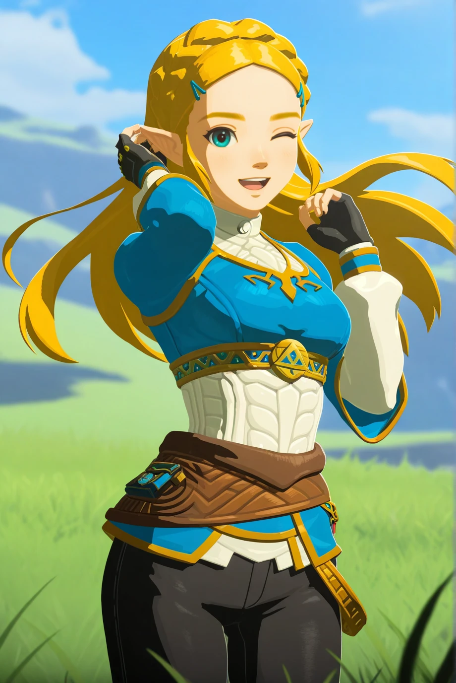 absurdres, masterpiece, best quality, very aesthetic, 1girl, solo,
<lora:Zelda-IL-v2-07:0.8>, ChopioZelda, blonde hair, aqua eyes, pointy ears, looking at viewer,
long hair, crown braid, sidelocks, parted bangs, hairclip, medium breasts,
outfit_1, blue crop top, gold trim, white undershirt, breastplate, layered sleeves, brown sash, black gloves, fingerless gloves, black pants,
outdoors, grass, nature, smile, open mouth, floating hair, wind, one eye closed, adjusting hair, ear,