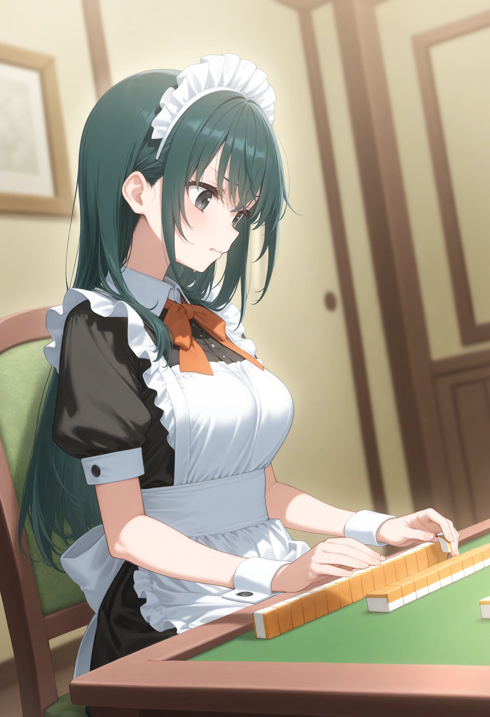 1girl,(sho \(sho lwlw\):0.7),(toosaka asagi:0.5),(sincos:0.3),solo,
masterpiece, best quality, newest, absurdres, CG, anime, source anime, illustration,
maid, maid headdress,medium breasts,
mahjong, mahjong tile ,mahjong table,sitting, chair, indoors, <lora:mahjong_Illust_v1:0.8>
holding mahjong tile ,
from side, wide shot, looking down, green hair, black eyes,wavy mouth,, parted lips, shiny hair,