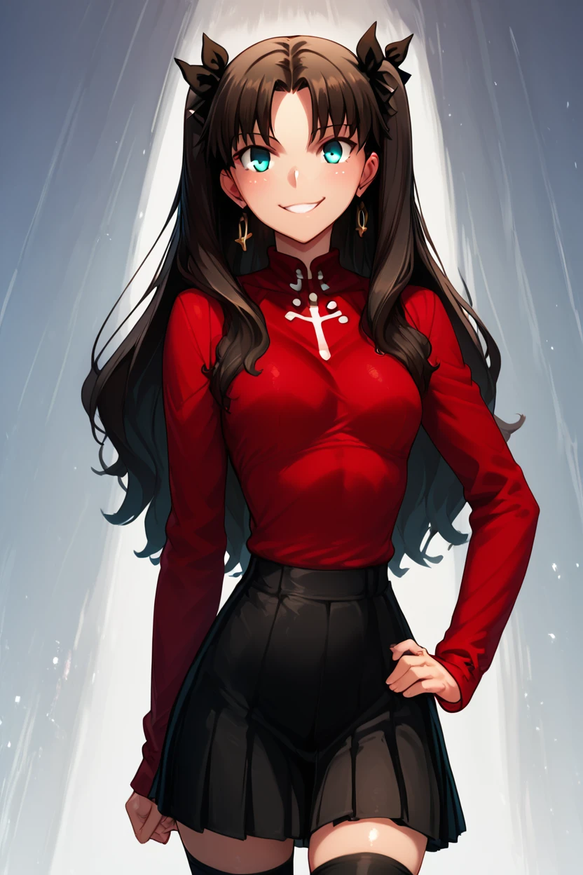 score_9, score_8_up, score_8, medium breasts, (curvy), cute, eyelashes, BREAK, , BREAK, <lora:rin-tohsaka-ubw-ponyxl-lora-nochekaiser:0.8>, rin tohsaka, aqua eyes, black hair, hair ribbon, long hair, ribbon, sidelocks, two side up, parted bangs, black skirt, black thighhighs, long sleeves, miniskirt, pleated skirt, red sweater, skirt, sweater, thighhighs, turtleneck,, <lora:IncaseStyle_PDXL:1.0>, , BREAK, smile, looking at viewer, cowboy shot, embedding:zPDXL, Expressiveh, <lora:SDXLFaeTastic2400:0.5>, <lora:Expressive_H-000001:0.4>,