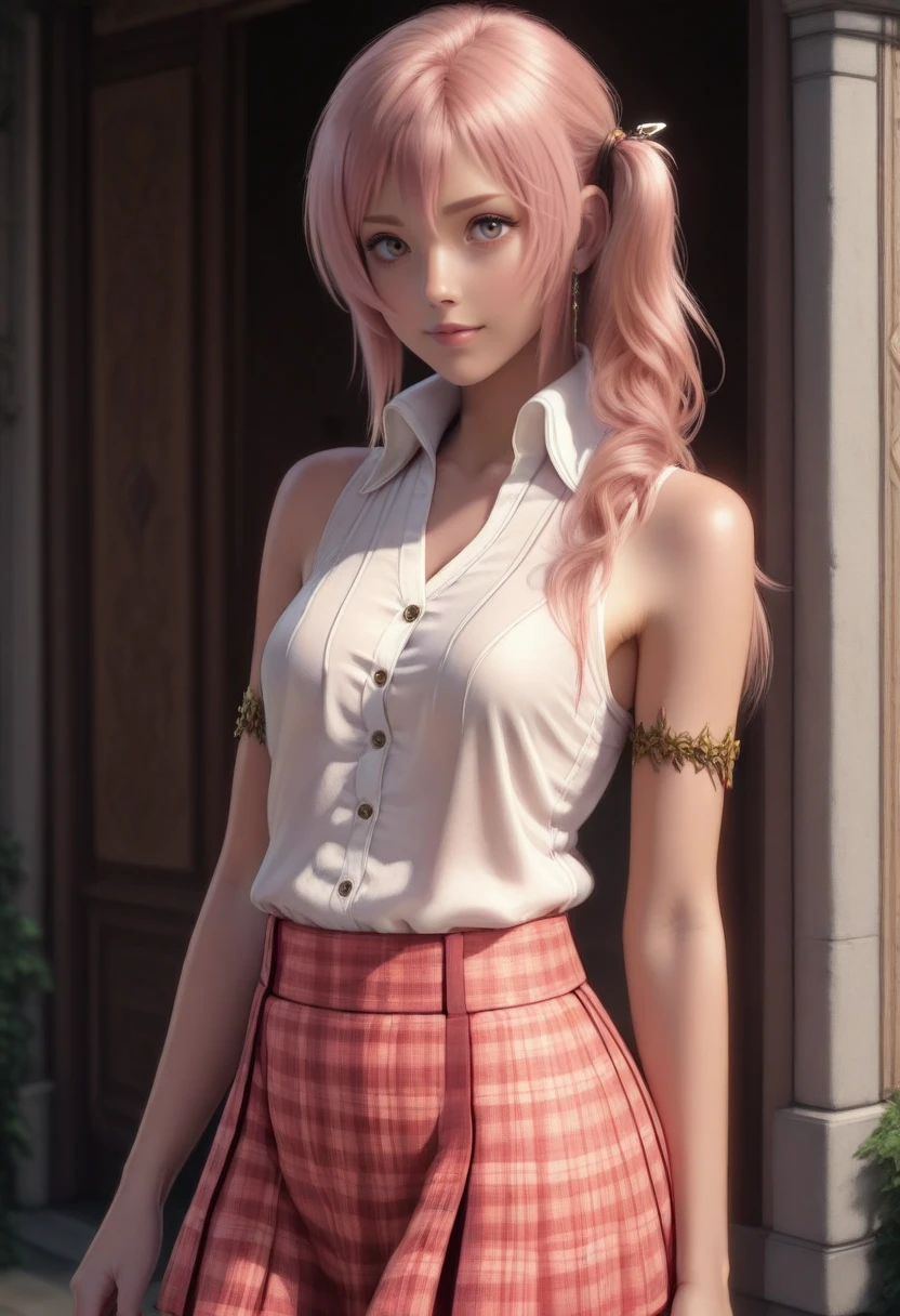 masterpiece, best quality, absurdres, intricate details,1girl, serah13, solo, cowboy shot, sleeveless shirt, plaid skirt <lora:Serrah_Farron_IL:0.8>