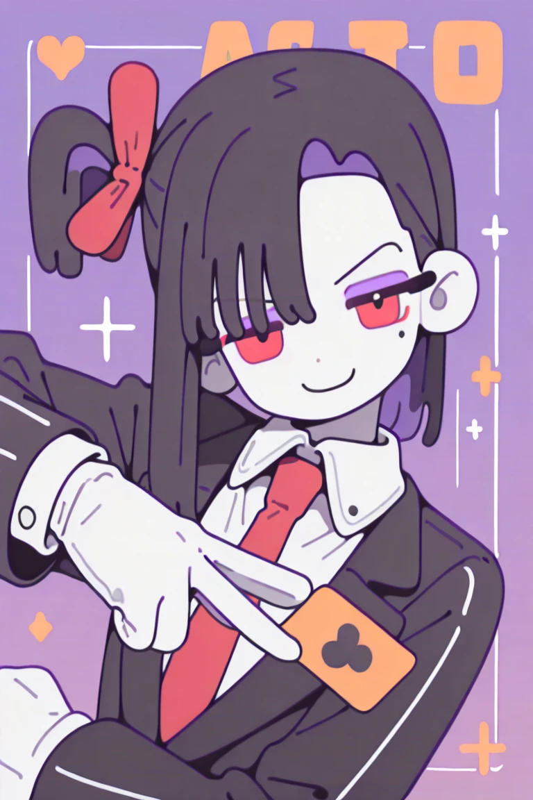 masterpiece, best quality, newest, absurdres, highres,
1girl, solo, dutch angle shot, close up, the cheat, black hair, asymmetrical hair, asymmetrical bangs, asymmetrical sidelocks, fringe, side ponytail, ribbon, long eyelashes, eyeliner, eyeshadow, red eyes, evil eyes, mole under eye, white skin, ((confident, cheeky smile)), dynamic pose, (jojo pose:1.2), holding card, playing_card between fingers, ace_of_hearts, wearing pinstripe suit, black suit, collared shirt, white shirt, red necktie, white gloves, asymmetrical gloves, graphic background, geometric pattern background, primary color palette,
, ((top quality)), ((masterpiece)), ((best quality)), ((high quality)),Flatline, Flat vector illustration