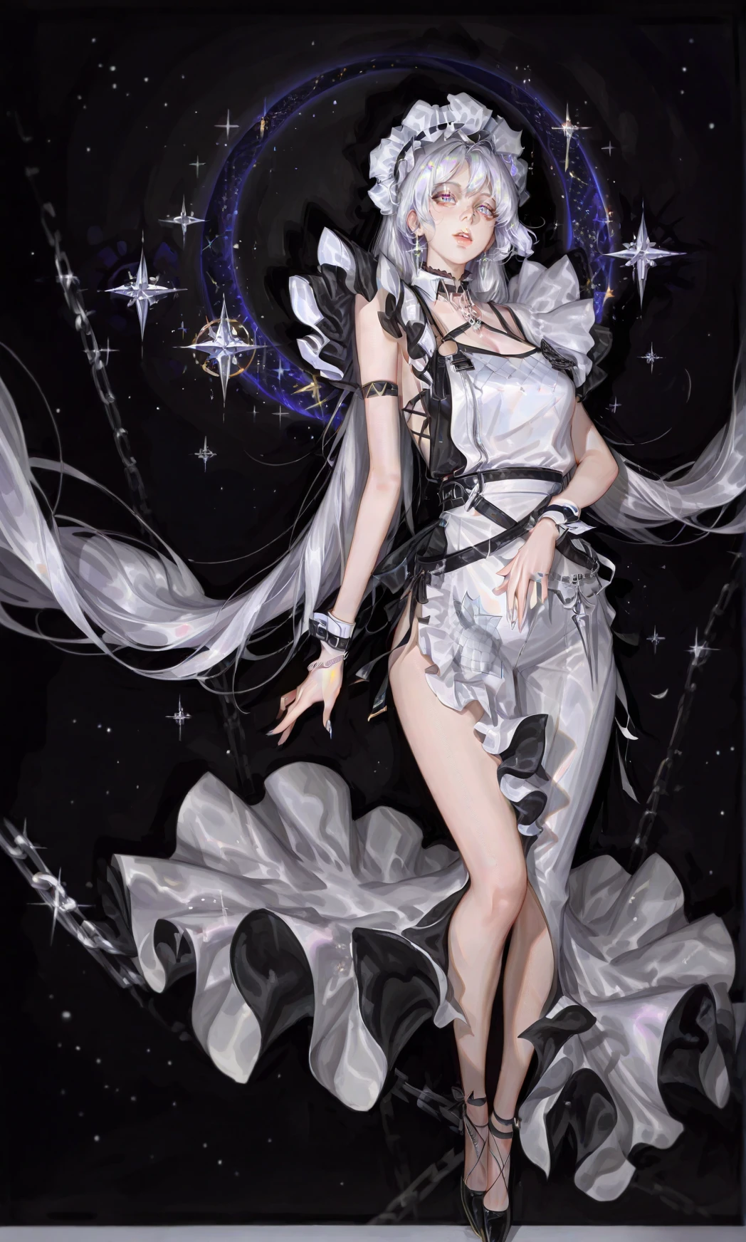 masterpiece, best quality, zhongguoduliu, 1girl, solo, full body, fashion, black background, parted lips, ulzzang, floating in starry night sky, floating silver chains, apron, maid headdress, very long hair, detailed, <lora:zhongguoduliu-illustrious:1>
