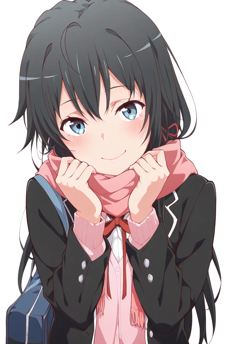 masterpiece, best quality, amazing quality,
<lora:Shou_IL:1> shou, 1girl, solo, long hair, jacket, scarf, sobu high school uniform, school uniform, blue eyes, black hair, black jacket, smile, red ribbon, ribbon, white background, school bag, simple background, bag, yukino