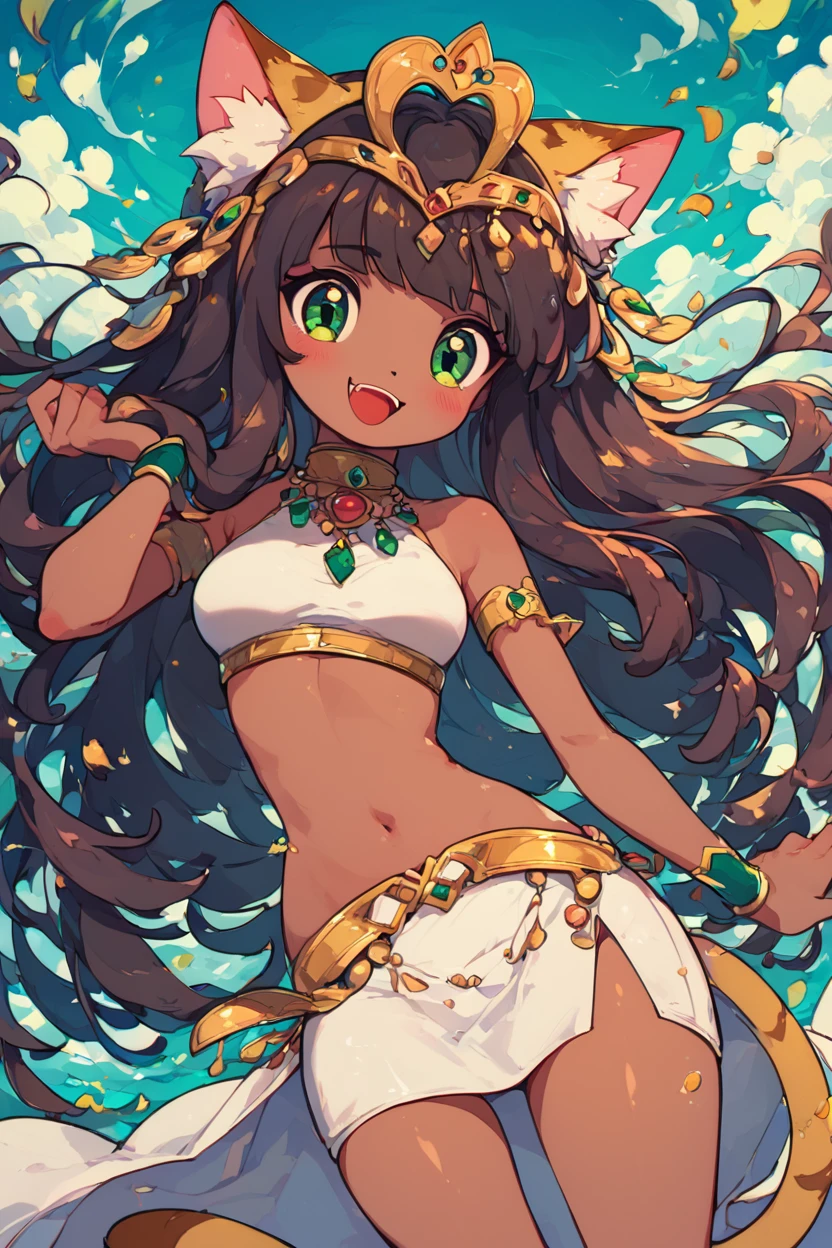 score_9, score_8_up, score_8, medium breasts, (curvy), cute, eyelashes, BREAK, , BREAK, zzBastet, brown hair, green eyes, tiara, medium breasts, white skirt, white crop top, medium breasts, ankle lace-up, cat ears, dark skin, jewelry, midriff, very long hair, cat tail, wide hips, <lora:BastetPDXL:0.8>, <lora:ChueogStyle_PDXL:1.0>, , BREAK, smile, looking at viewer, cowboy shot, embedding:zPDXL, Expressiveh, <lora:SDXLFaeTastic2400:0.5>, <lora:Expressive_H-000001:0.4>,