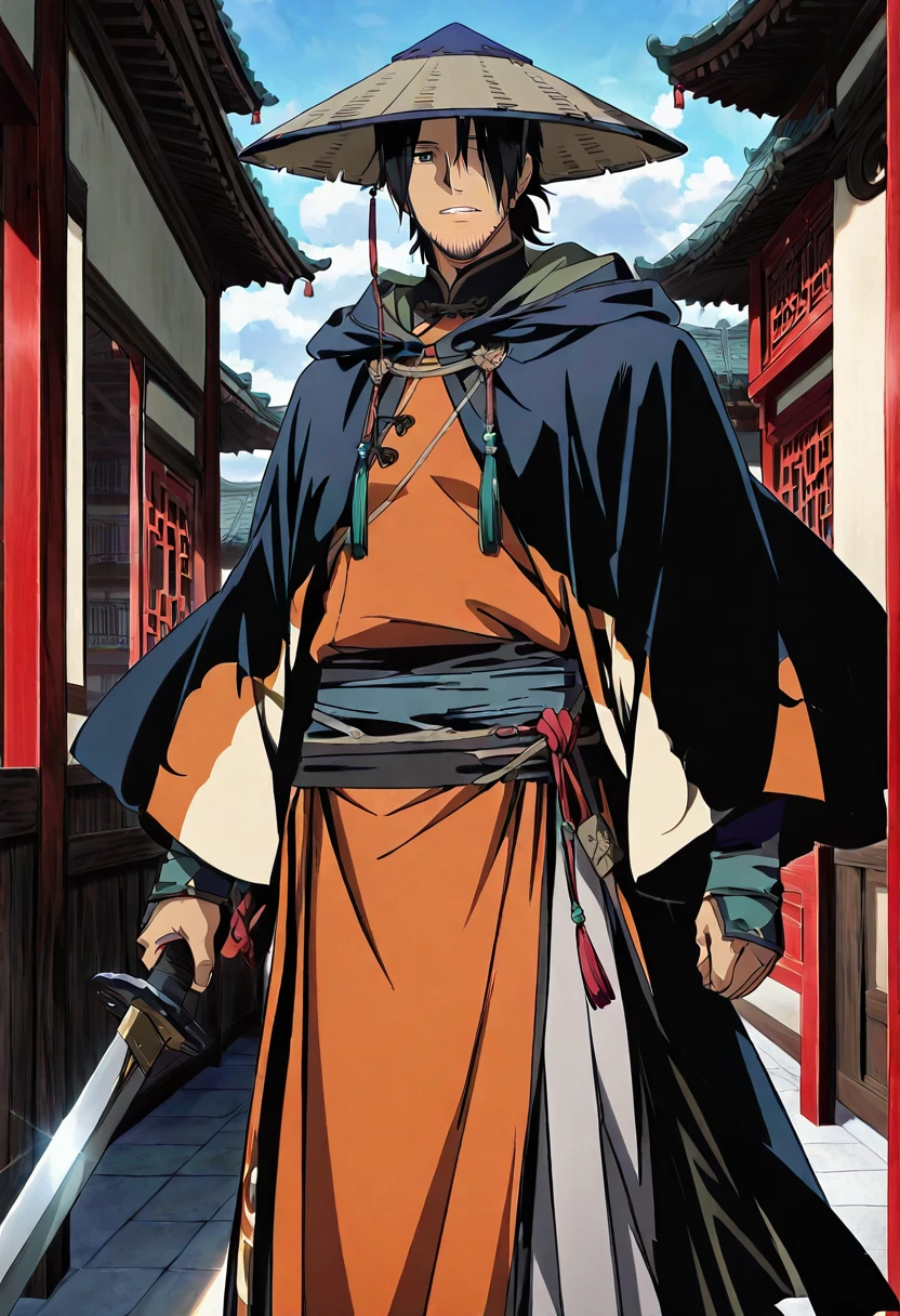 masterpiece, best quality, absurdres, detailed skin, detailed face, detailed eyes, anime colored, anime screencap, anime colored,
1 man, beard stubble, hat covering eyes,
chinese clothes,hooded cloak, holding sword, arm up, sheathed,
((kasa hat)), <lora:kasa_alternate:1>,
chinese architecture,