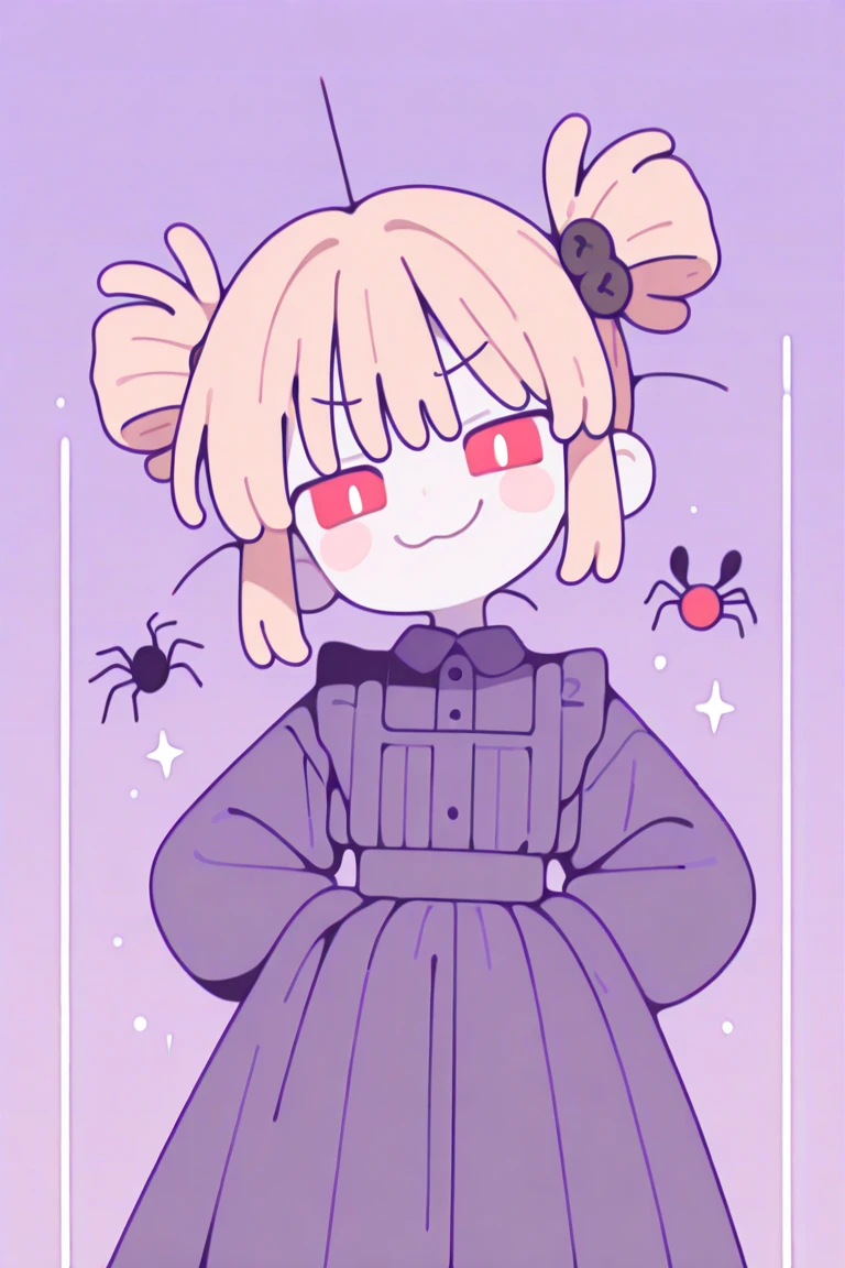 masterpiece, best quality, newest, absurdres, highres,
1girl, , slim body, pale skin, red eyes, pale blonde hair, two hairbuns as hair, evil smug smile, victorian dress, spider themed, spider girl, insect body, dark and pale purple clothes, sharp teeths,
,
, ((top quality)), ((masterpiece)), ((best quality)), ((high quality)),Flatline, Flat vector illustration