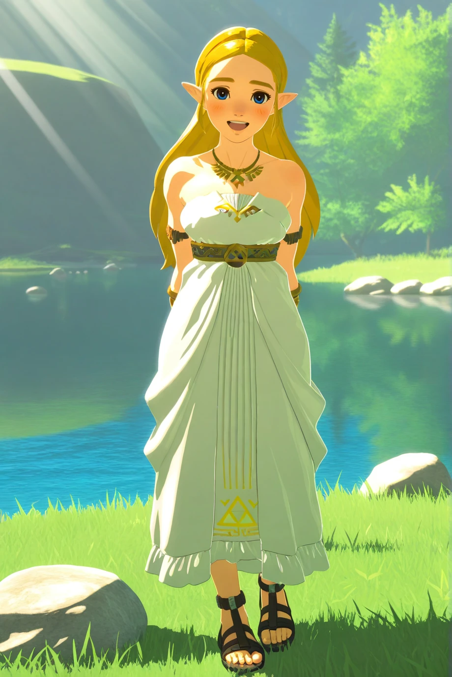 absurdres, masterpiece, best quality, very aesthetic, 1girl, solo,
<lora:Zelda-IL-v2-07:0.8>, ChopioZelda, blonde hair, pointy ears, looking at viewer,
medium breasts,
long hair,
outfit_2, white dress, strapless dress, bare shoulders, necklace, gold chest belt, triforce, gold bracer, black sandals, full body,
nature, lake, smile, open mouth, happy, blush, light rays, arms behind back, grass, rocks,