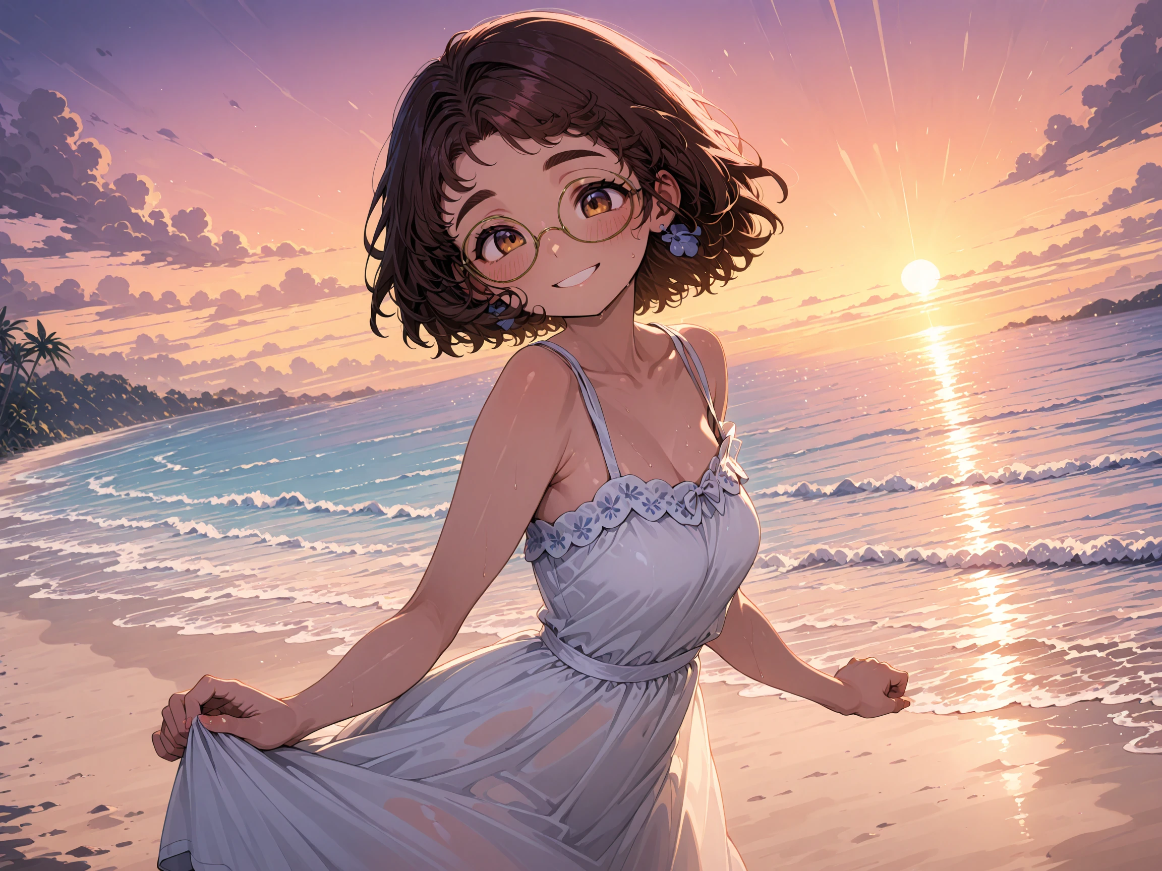 1girl, sundress, beach, sunset, smile,  <lora:DarkfireStyle01:1>