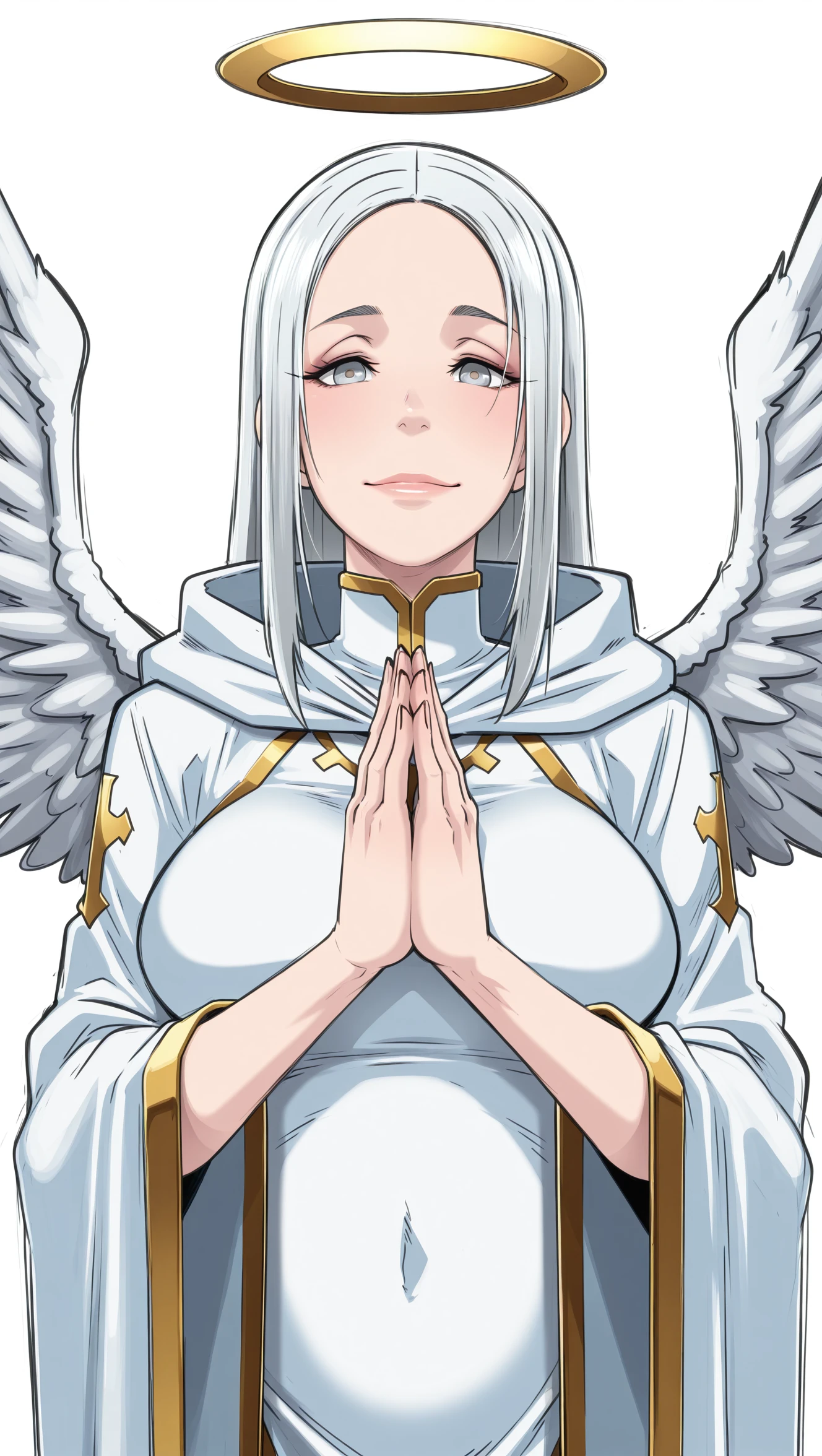 masterpiece, best quality, amazing quality, intricate details, uncensored, butcha-u-style, 1girl, angel, radiant pale skin, halo above head, shoulder-length silky white hair, grey eyes, large breasts, ((flowing divine robes with golden embroidery)), ((long sleeves with ornate cuffs)), ((feathered wings visible)), solo, standing, looking at viewer, hands clasped together, serene expression, simple background, white background