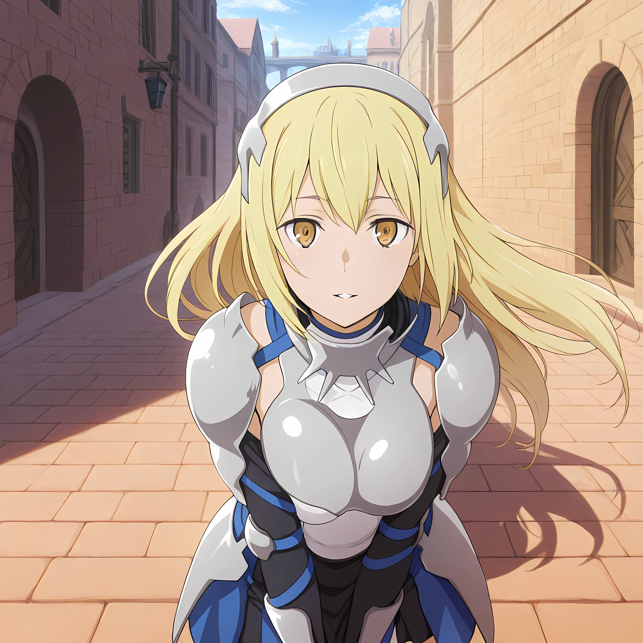 ais_wallenstein, defarmor, 1girl, solo, blonde hair, long hair, yellow eyes, boots, thighhighs, dark alleyway background, day, upper boy, smile, parted lips, armor, upper body, front view<lora:AisWallenstein-IllustriousXL:1>, (masterpiece),(best quality),(ultra-detailed),(best illustration),(best shadow),(absurdres),(detailed background),(very aesthetic),