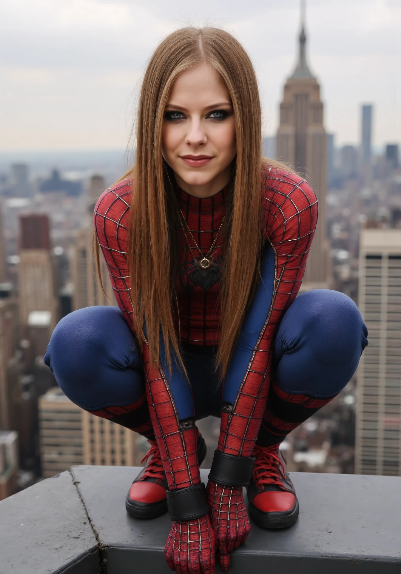avril, a woman crouching in a spiderman pose. She is perched on the edge of the roof of a new york skyscraper, the city behind her.
She is wearing shiny pvc red and blue spiderman costume. front view.high quality photo. focus on her whole body and face. The overall aesthetic is elegant and poetic, evoking a sense of timeless beauty and delicate grace