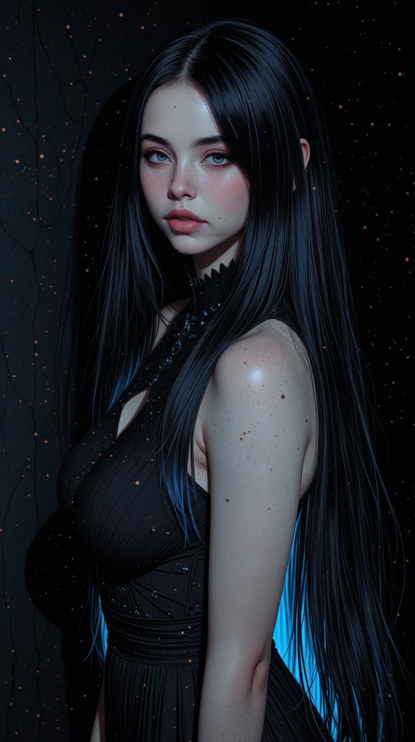 masterpiece,best quality,amazing quality, detailed eyes, upper body, looking at viewer, realistic body,
PG, woman, side view, high angle, black dress, Oval body, curves, saggy breasts, medium breasts, small waist, Relaxed breasts, black hair, blue eyes, freckles,
Glow-in-the-dark drips, Underlighting shadow, dim, opulent darkness, dark ambiance, blue backlit, volumetric backlit, front sparkles,
detailing <lora:rdtdrp:1>