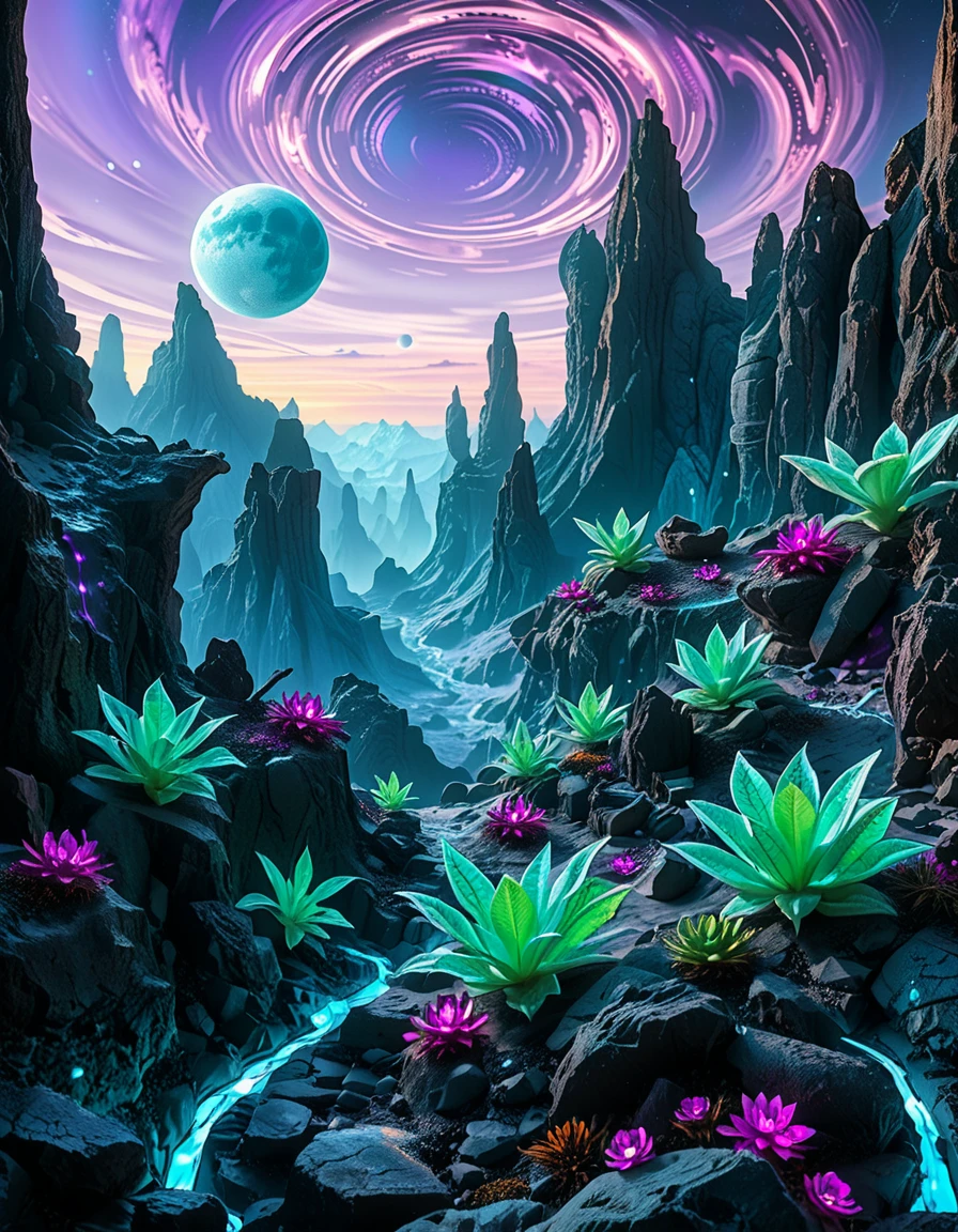 A breathtaking, high-resolution photograph of an alien planet with a surreal and otherworldly landscape. The sky is filled with two massive moons, casting an eerie glow over the terrain. Jagged rock formations, covered in bioluminescent moss, stretch across the horizon, glowing in shades of blue and purple. Strange, twisted plants with translucent leaves and pulsating veins grow from the cracked, iridescent soil. In the distance, towering crystalline mountains shimmer under the light of a distant red sun, their peaks enveloped in a misty, ethereal haze. The air is thick with floating luminescent spores, drifting like tiny fireflies. Rivers of liquid metal carve through the landscape, reflecting the vibrant alien sky. The atmosphere is a mix of neon blues, purples, and greens, creating a mesmerizing and futuristic scene, as if taken from the surface of a newly discovered exoplanet.
<lora:SDXLFaeTastic2400:0.4> <lora:extremely_detailed:0.4> extremely detailed,<lora:alien_pl4n3t:1>,alien pl4n3t