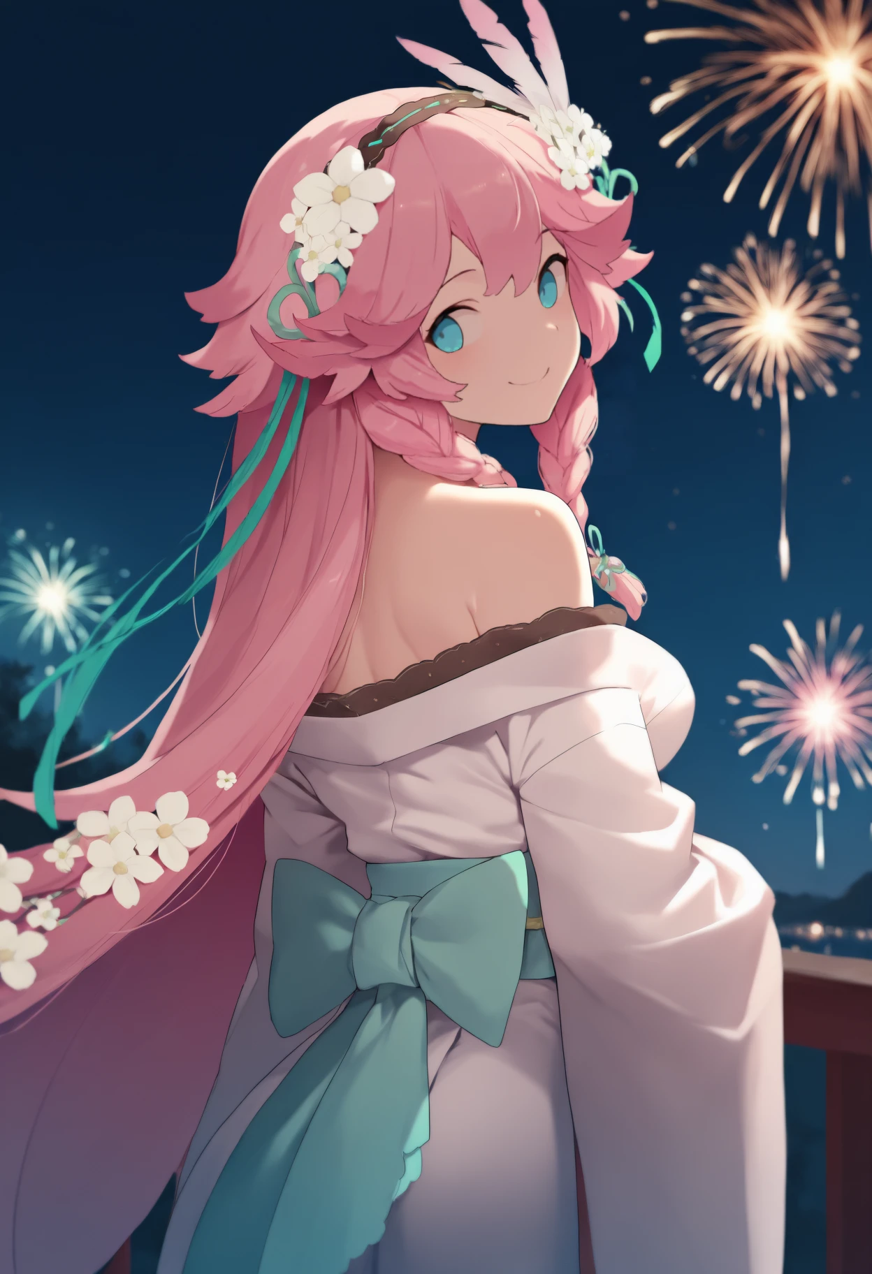 anime, masterpiece, best quality, newest, from behind, solo, 1girl, n0tte, smile, looking back, pink hair, twin braids, hair flower, white flower, feather hair ornament, hair ribbon, green ribbon, hairband, blue eyes, japanese clothes, white kimono, off shoulder, green sash, bare shoulders, outdoors, night, fireworks
<segment:yolo-face_yolov8m.pt,0.4,0.5//cid=1>