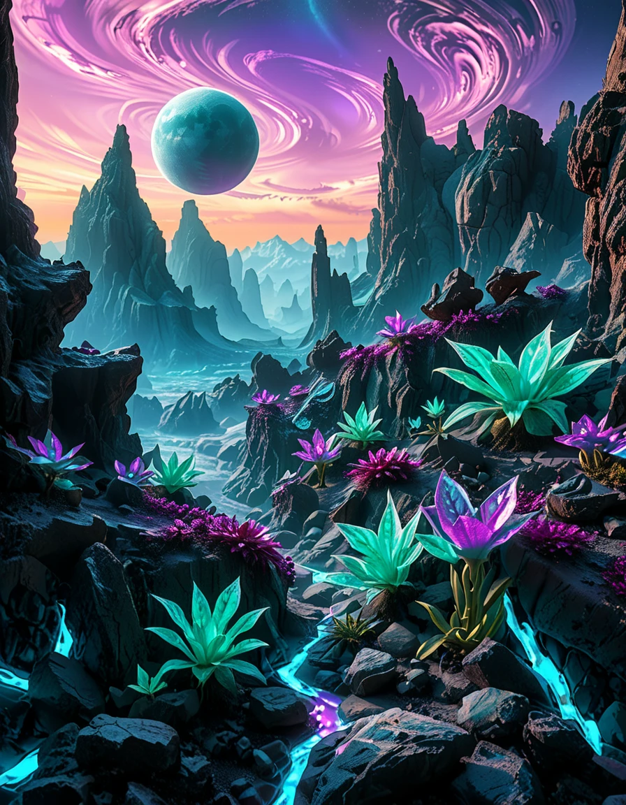 A breathtaking, high-resolution photograph of an alien planet with a surreal and otherworldly landscape. The sky is filled with two massive moons, casting an eerie glow over the terrain. Jagged rock formations, covered in bioluminescent moss, stretch across the horizon, glowing in shades of blue and purple. Strange, twisted plants with translucent leaves and pulsating veins grow from the cracked, iridescent soil. In the distance, towering crystalline mountains shimmer under the light of a distant red sun, their peaks enveloped in a misty, ethereal haze. The air is thick with floating luminescent spores, drifting like tiny fireflies. Rivers of liquid metal carve through the landscape, reflecting the vibrant alien sky. The atmosphere is a mix of neon blues, purples, and greens, creating a mesmerizing and futuristic scene, as if taken from the surface of a newly discovered exoplanet.
<lora:SDXLFaeTastic2400:0.4> <lora:extremely_detailed:0.4> extremely detailed,<lora:alien_pl4n3t:1>,alien pl4n3t