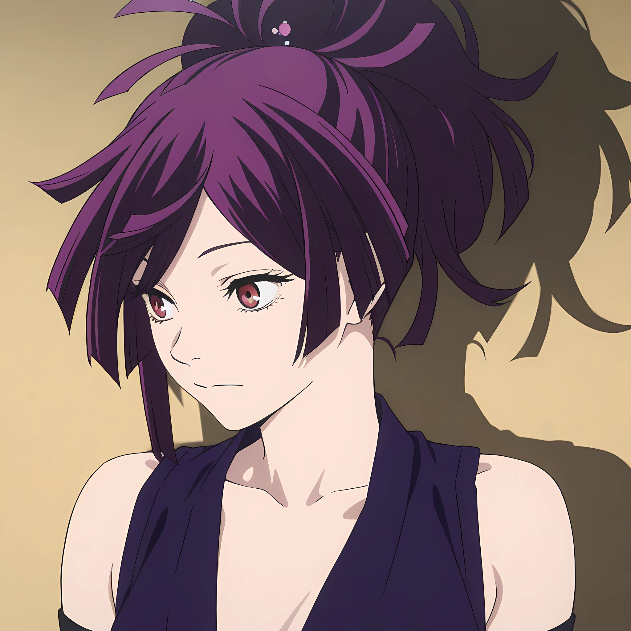 yuzuriha(jigokuraku), 1girl, purple hair, ponytail, red eyes, kunoichi, portrait, collarbone, <lora:Yuzuriha-Jigokuraku-IllustriousXL:1>, (masterpiece),(best quality),(ultra-detailed),(best illustration),(best shadow),(absurdres),(detailed background),(very aesthetic),