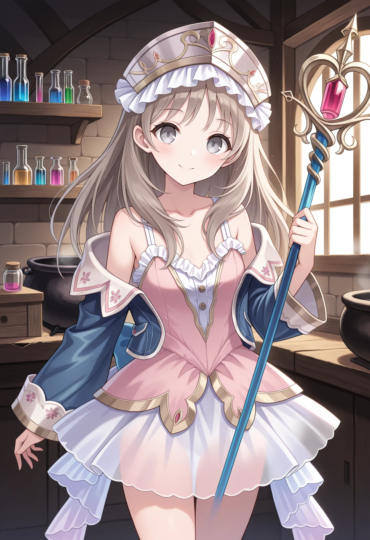 highres, best quality, masterpiece, indoors, cauldron, vial, shelf,
1girl, solo, attotori, light brown hair, long hair, grey eyes,
totoridef, headdress, pink dress, collarbone, white straps, bare shoulders, blue jacket, off-shoulder jacket, frilled shirt, white skirt, back bow, white ribbon, thighs, 
looking at viewer, blush, smile,
standing,
holding staff,
<lora:_totooria-helmold-elesico-ilxlAc-000011:1>