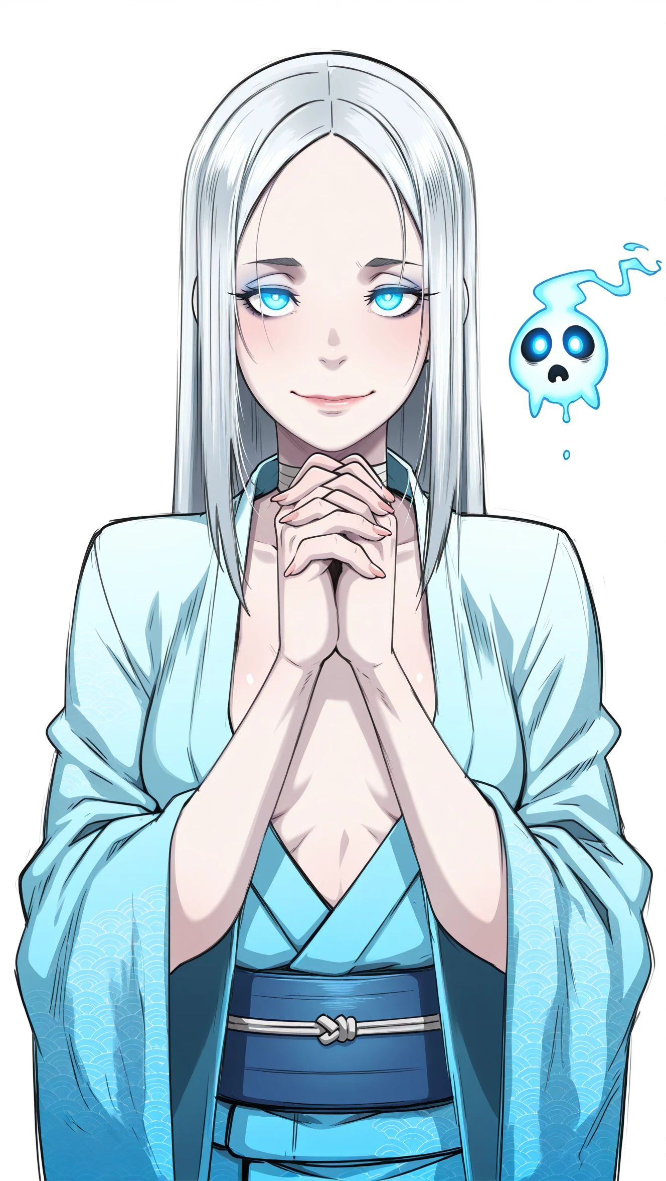 masterpiece, best quality, amazing quality, intricate details, uncensored, butcha-u-style, 1girl, ghost, pale translucent bluish-white skin, long flowing white hair, cyan eyes, small breasts, ((tattered but modest ethereal kimono)), ((armor sash around waist)), ((barefoot but floating)), solo, standing, looking at viewer, hands gently clasped, melancholic expression, simple background, white background