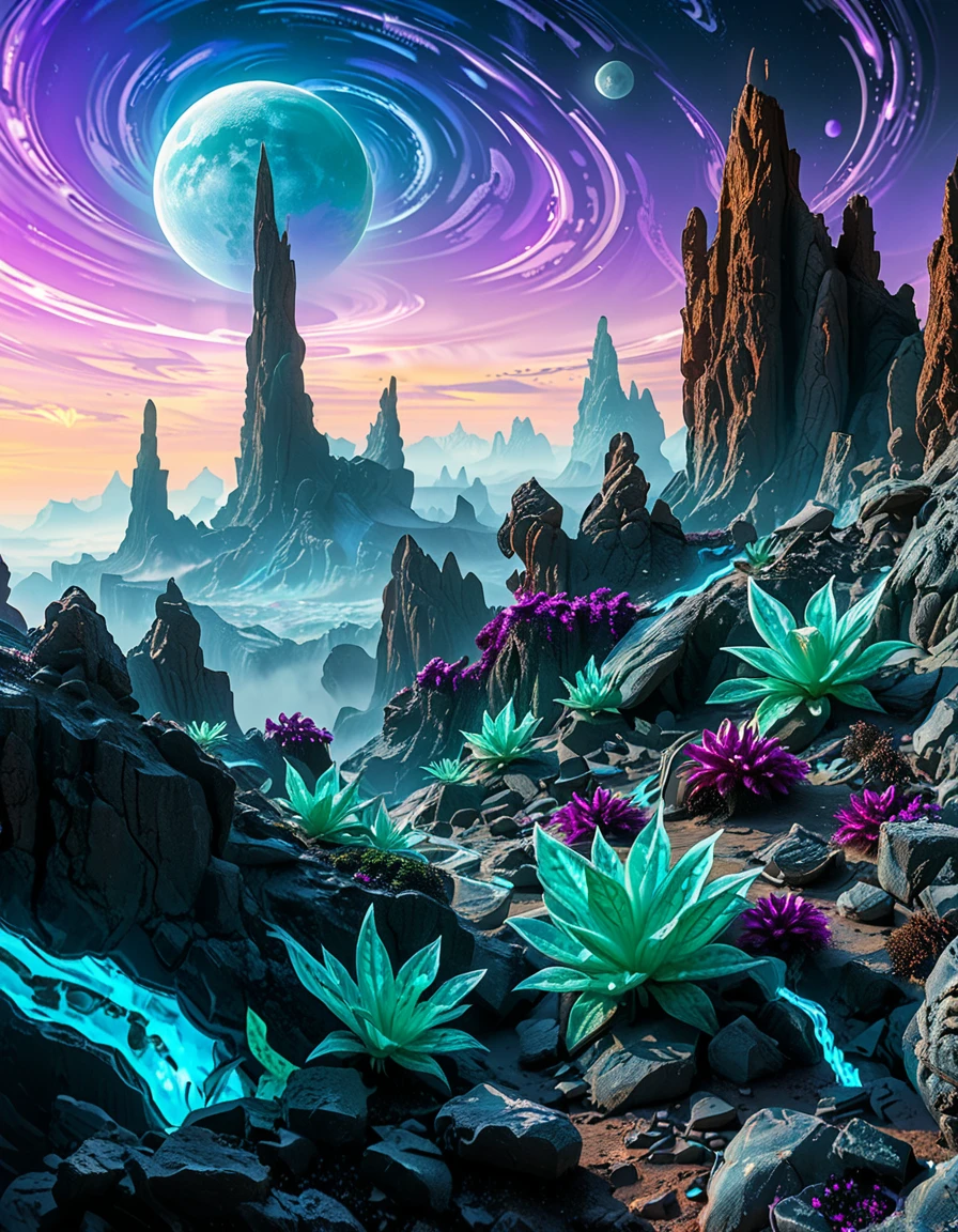 A breathtaking, high-resolution photograph of an alien planet with a surreal and otherworldly landscape. The sky is filled with two massive moons, casting an eerie glow over the terrain. Jagged rock formations, covered in bioluminescent moss, stretch across the horizon, glowing in shades of blue and purple. Strange, twisted plants with translucent leaves and pulsating veins grow from the cracked, iridescent soil. In the distance, towering crystalline mountains shimmer under the light of a distant red sun, their peaks enveloped in a misty, ethereal haze. The air is thick with floating luminescent spores, drifting like tiny fireflies. Rivers of liquid metal carve through the landscape, reflecting the vibrant alien sky. The atmosphere is a mix of neon blues, purples, and greens, creating a mesmerizing and futuristic scene, as if taken from the surface of a newly discovered exoplanet.
<lora:SDXLFaeTastic2400:0.4> <lora:extremely_detailed:0.4> extremely detailed,<lora:alien_pl4n3t:1>,alien pl4n3t