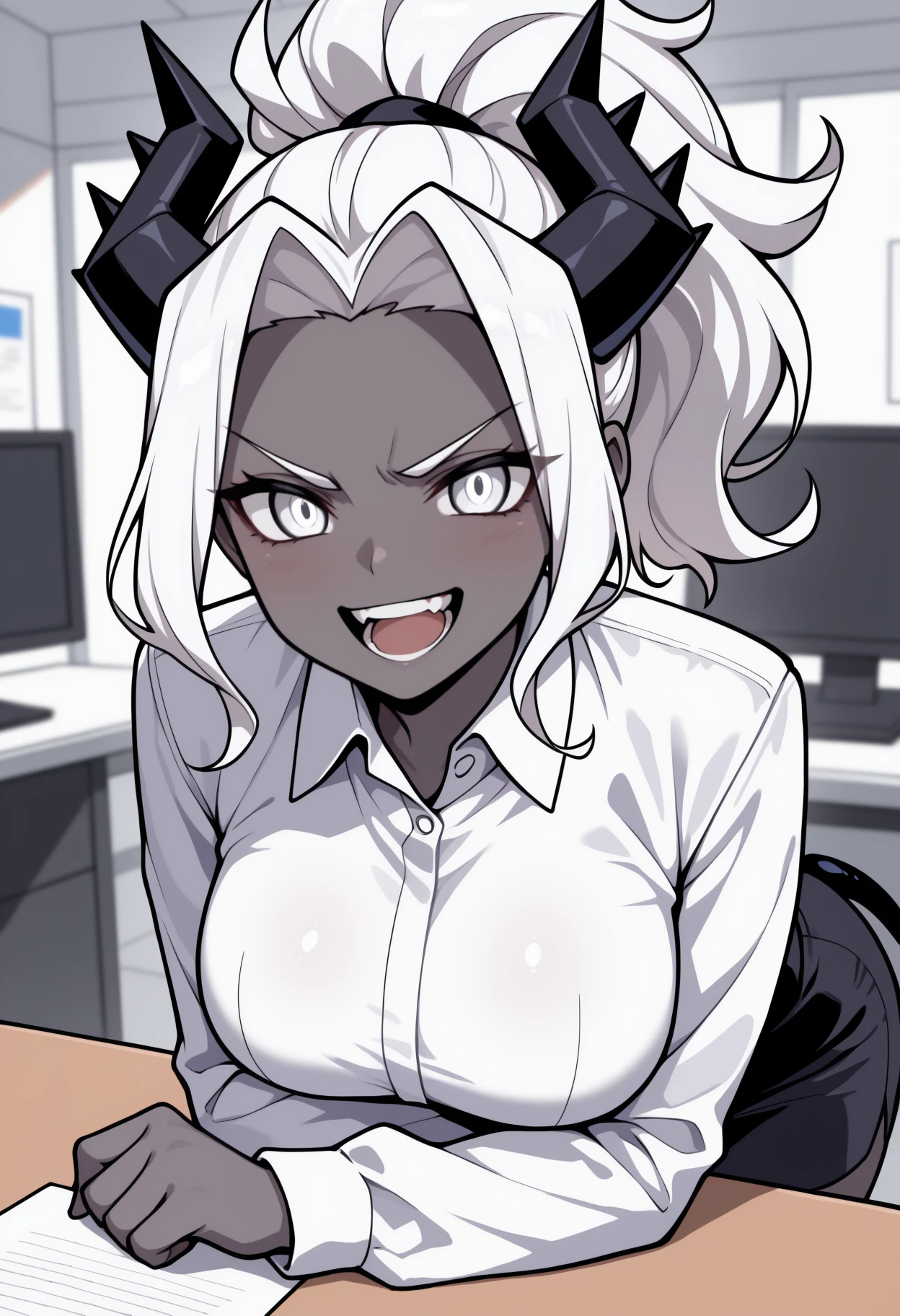 masterpiece, best quality, newest, solo, 1girl, judg3ment, dark-skinned female, grey skin, black tail, demon tail, smile, teeth, open mouth, looking at viewer, standing, leaning on table, long hair, white hair, ponytail, black horns, demon horns, white eyes, v-shaped eyebrows, white shirt, collared shirt, long sleeves, black skirt, pencil skirt, large breasts, indoors, office, table
<segment:yolo-Anzhc Face seg 640 v2 y8n.pt,0.4,0.5//cid=1>