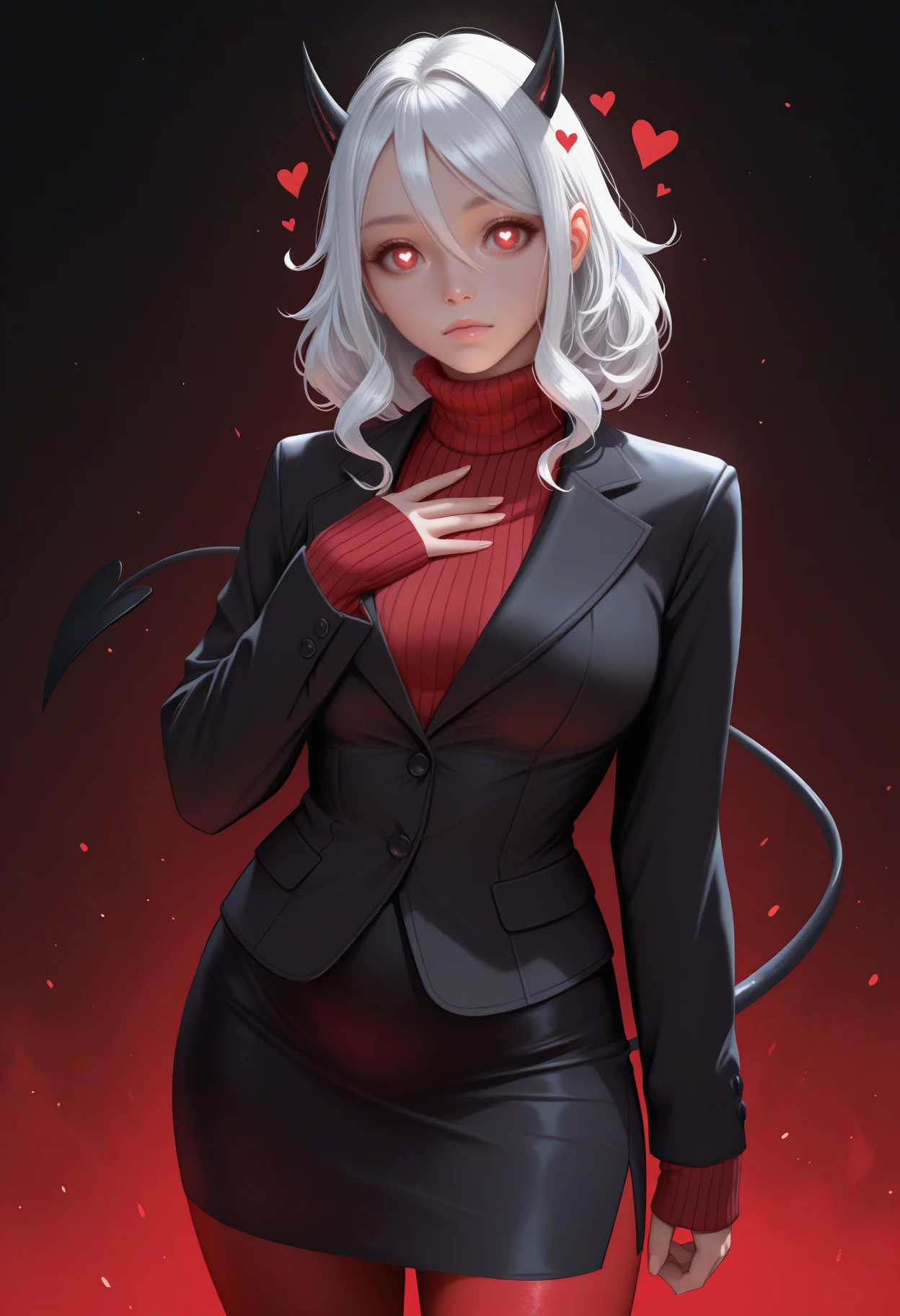 masterpiece, best quality, newest, realistic, solo, 1girl, mod3us, demon tail, expressionless, looking at viewer, standing, arm at side, hand on own chest, medium hair, white hair, hair between eyes, black horns, demon horns, red eyes, heart-shaped pupils, black suit, black jacket, long sleeves, red sweater, ribbed sweater, turtleneck sweater, sleeves past wrists, black skirt, pencil skirt, red pantyhose
<segment:yolo-Anzhc Face seg 640 v2 y8n.pt,0.4,0.5//cid=1>