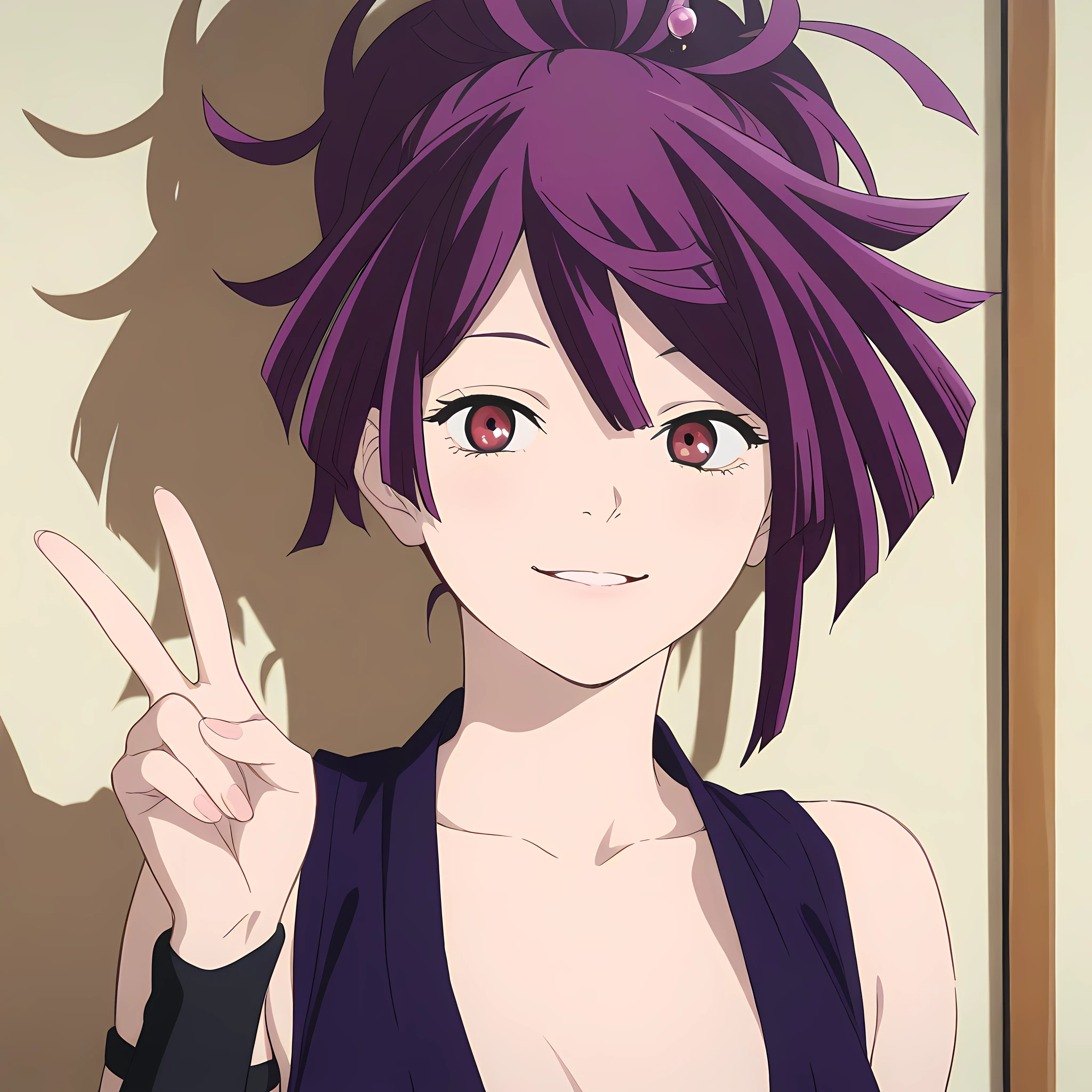 yuzuriha(jigokuraku), 1girl, purple hair, ponytail, red eyes, kunoichi, portrait, collarbone,  smile, parted lips, v sign, <lora:Yuzuriha-Jigokuraku-IllustriousXL:1>, (masterpiece),(best quality),(ultra-detailed),(best illustration),(best shadow),(absurdres),(detailed background),(very aesthetic),