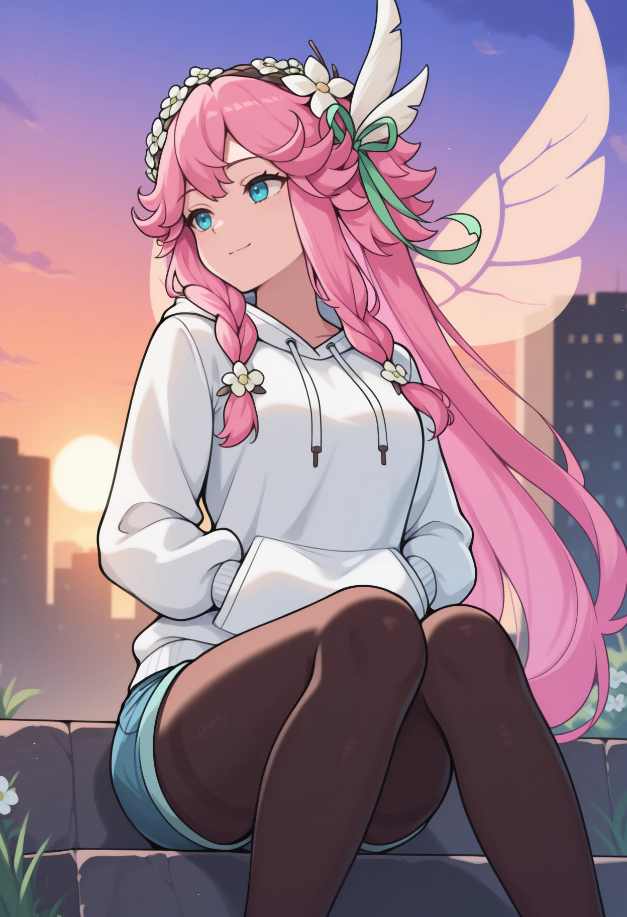masterpiece, best quality, newest, feet out of frame, solo, 1girl, n0tte, fairy wings, slight smile, looking away, sitting, on stairs, hands in pockets, pink hair, twin braids, hair flower, white flower, feather hair ornament, hair ribbon, green ribbon, hairband, blue eyes, white hoodie, hood down, drawstring, long sleeves, blue shorts, denim shorts, black pantyhose, outdoors, sunset, cloud, cityscape
<segment:yolo-Anzhc Face seg 640 v2 y8n.pt,0.4,0.5//cid=1>