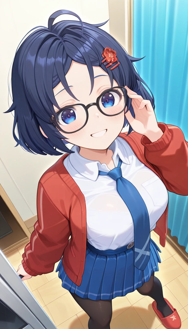 (masterpiece),best quality,amazing quality,very aesthetic,absurdres,newest,perfect body,shiny skin,perfect eyes,detail1eye,well-defined fingers,well-defined fingernails,anime style,indoors,1girl,solo,upper body,(portrait:1.5),looking at viewer,facing viewer,smile,blush,Asami Asami style,Mila,ahoge,short hair,black hair,messy hair,bob cut,hair ornament,hairclip,parted bangs,blue eyes,black-framed eyewear,red cardigan,open cardigan,white shirt,collared shirt,blue necktie,long sleeves,medium breasts,skindentation,shirt tucked in,high-waist skirt,blue skirt,pleated skirt,pigeon-toed,black pantyhose,slippers,red footwear,<lora:Mita(miside)-Illus-Remake:1.8>,<lora:Asami Asami[style]-Illus:1.6>,