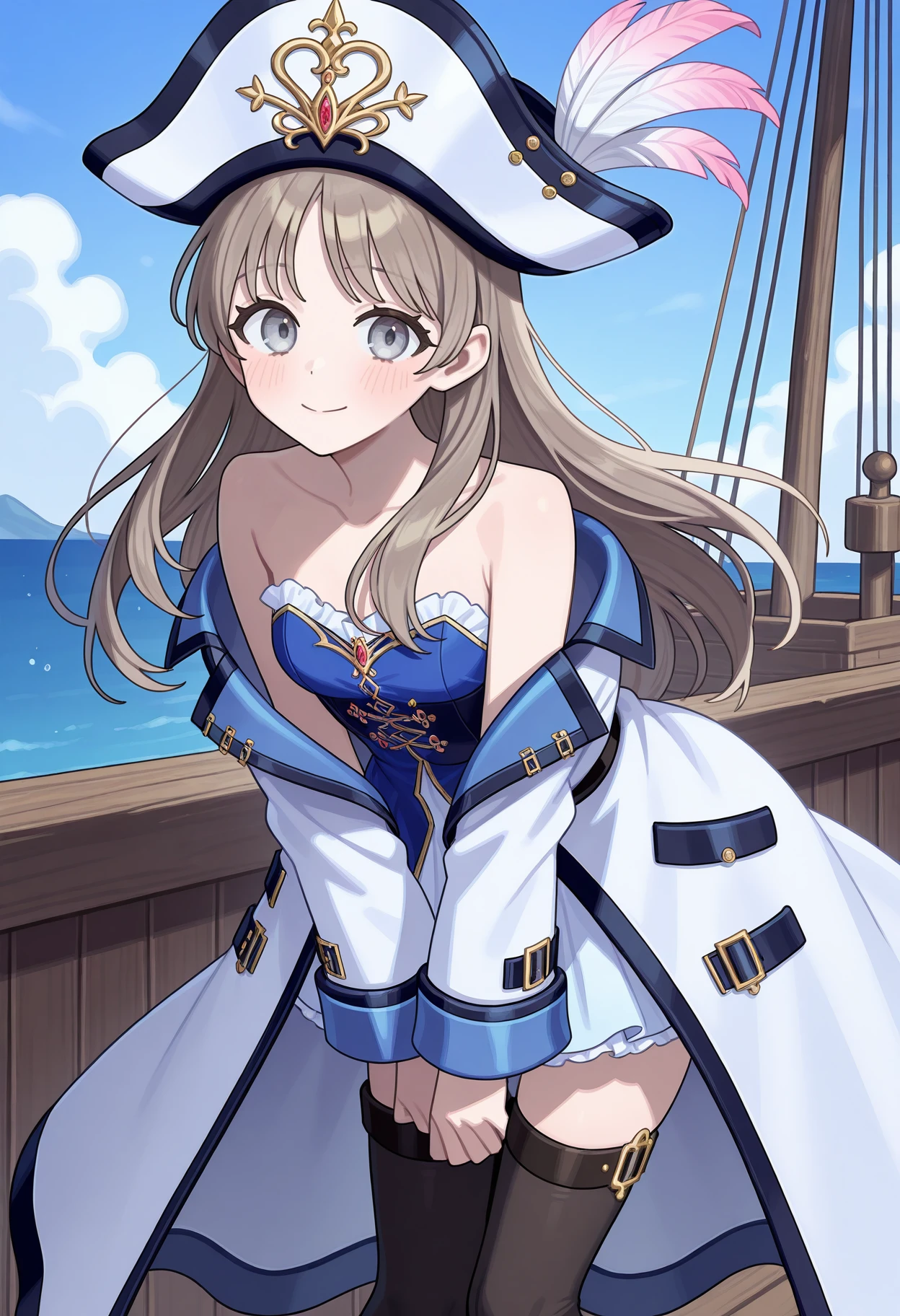 highres, best quality, masterpiece, pirate, ship,
1girl, solo, attotori, light brown hair, long hair, grey eyes,
totoripi, pirate hat, white hat, hat feather, white coat, blue dress, strapless, collarbone, bare shoulders, white skirt, frills, black thighhighs,
looking at viewer, blush,
v arms, embarrassed, smile, leaning forward, 
<lora:_totooria-helmold-elesico-ilxlAc-000011:1>