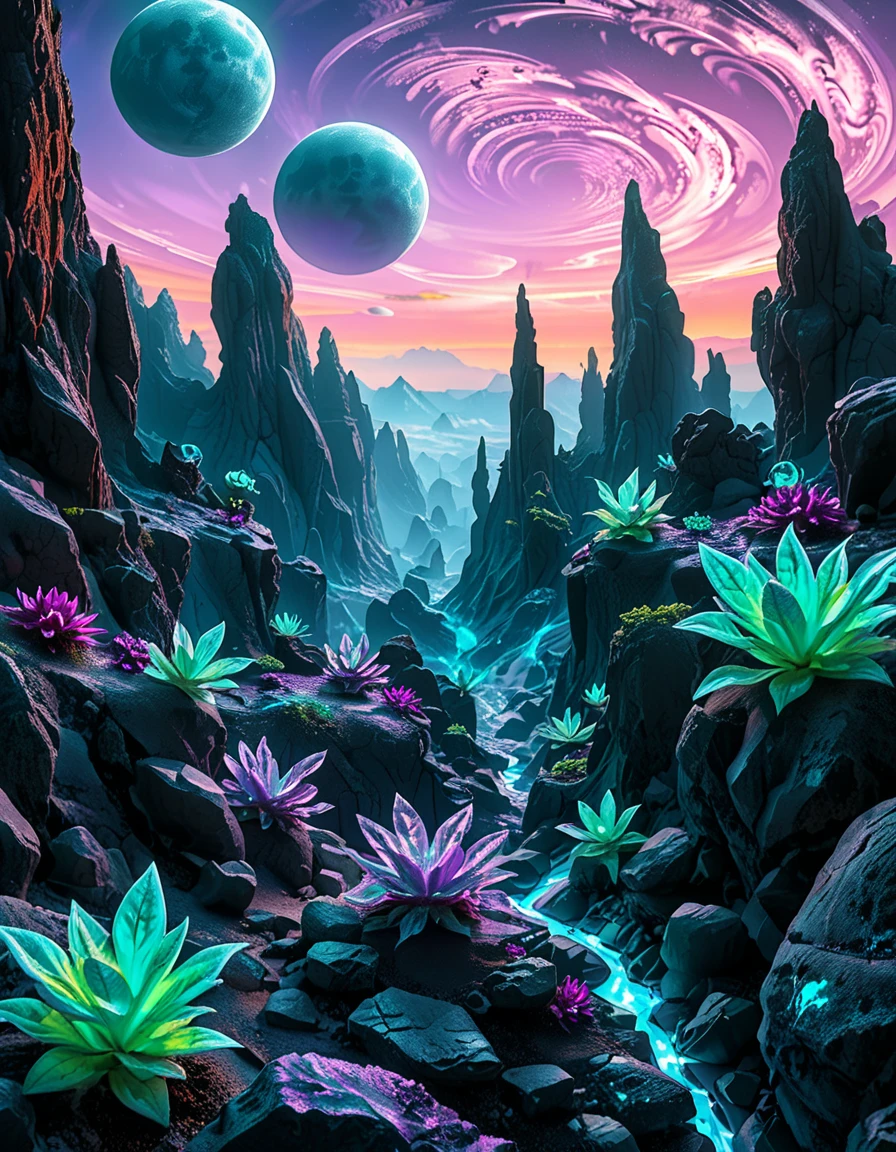 A breathtaking, high-resolution photograph of an alien planet with a surreal and otherworldly landscape. The sky is filled with two massive moons, casting an eerie glow over the terrain. Jagged rock formations, covered in bioluminescent moss, stretch across the horizon, glowing in shades of blue and purple. Strange, twisted plants with translucent leaves and pulsating veins grow from the cracked, iridescent soil. In the distance, towering crystalline mountains shimmer under the light of a distant red sun, their peaks enveloped in a misty, ethereal haze. The air is thick with floating luminescent spores, drifting like tiny fireflies. Rivers of liquid metal carve through the landscape, reflecting the vibrant alien sky. The atmosphere is a mix of neon blues, purples, and greens, creating a mesmerizing and futuristic scene, as if taken from the surface of a newly discovered exoplanet.
<lora:SDXLFaeTastic2400:0.4> <lora:extremely_detailed:0.4> extremely detailed,<lora:alien_pl4n3t:1>,alien pl4n3t
