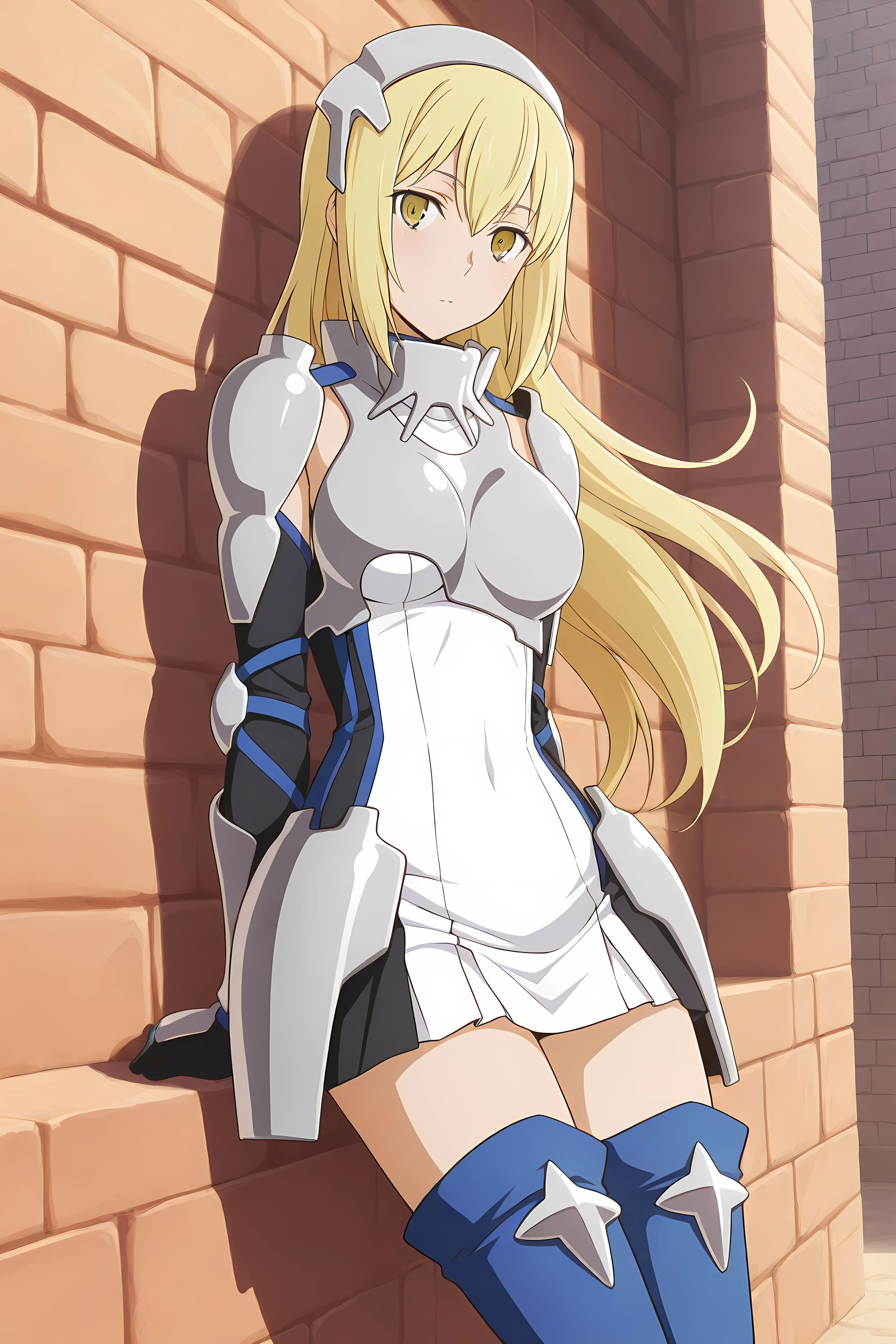 ais_wallenstein, defarmor, 1girl, solo, blonde hair, long hair, yellow eyes, boots, thighhighs, dark alleyway background, day, thigh boots, armor, cowboy shot, blue footwear, leaning on the wall, <lora:AisWallenstein-IllustriousXL:1>, (masterpiece),(best quality),(ultra-detailed),(best illustration),(best shadow),(absurdres),(detailed background),(very aesthetic),