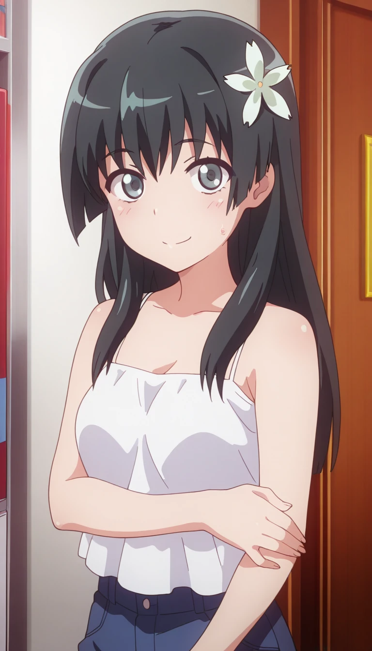 (araragi karen), One girl, Long Hair, Side Ponytail, Ahoge, egg hair ornament, smile, Open your mouth, medium breastst,( (white tank top)), pink lace panties, Cowboy Shot, sit on the floor, from below, Put your arms on your hips, indoors, dutch angle