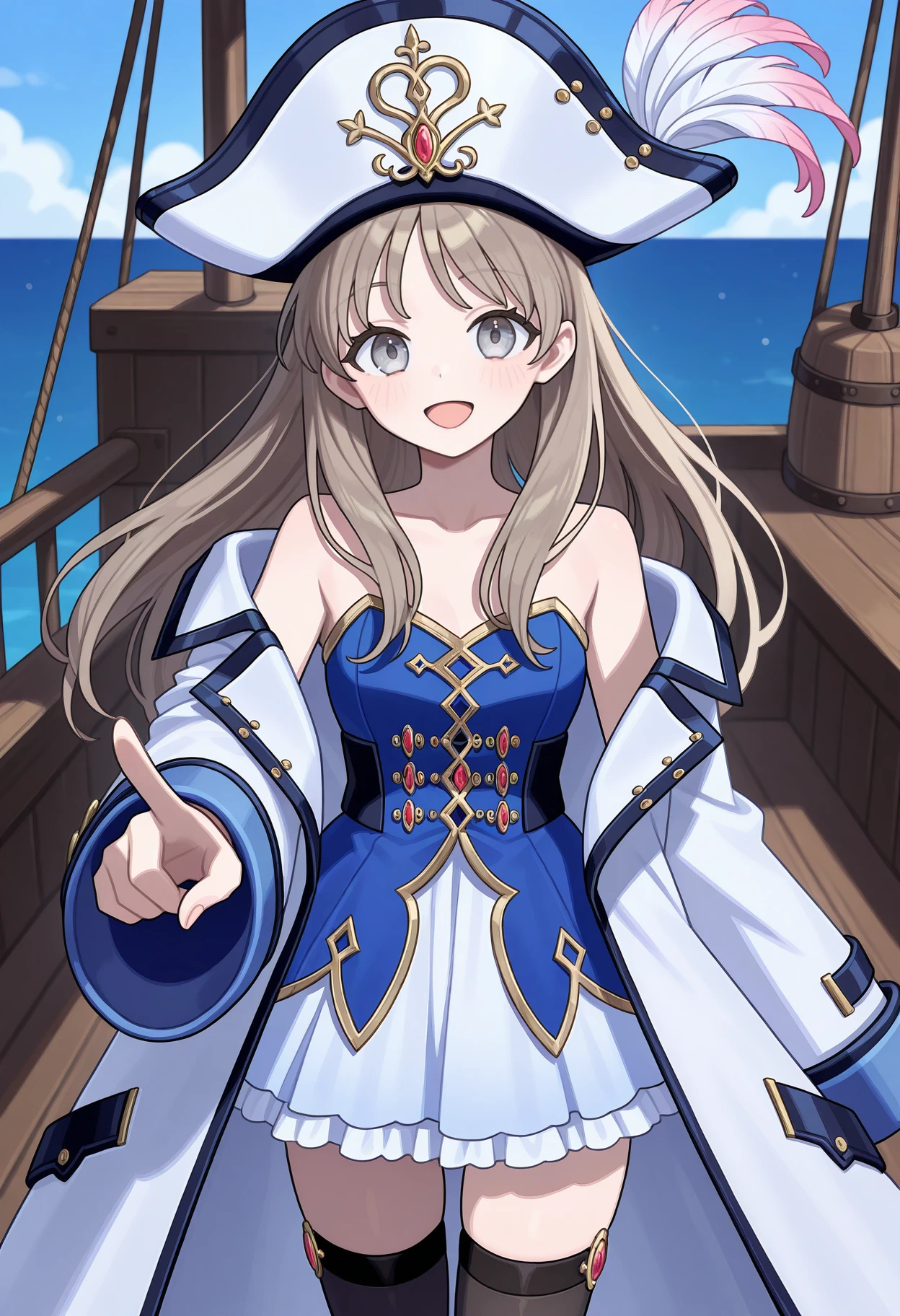 highres, best quality, masterpiece, pirate, ship,
1girl, solo, attotori, light brown hair, long hair, grey eyes,
totoripi, pirate hat, white hat, hat feather, white coat, blue dress, strapless, collarbone, bare shoulders, white skirt, frills, black thighhighs,
looking at viewer, blush,
open mouth, smile, pointing,
<lora:_totooria-helmold-elesico-ilxlAc-000011:1>
