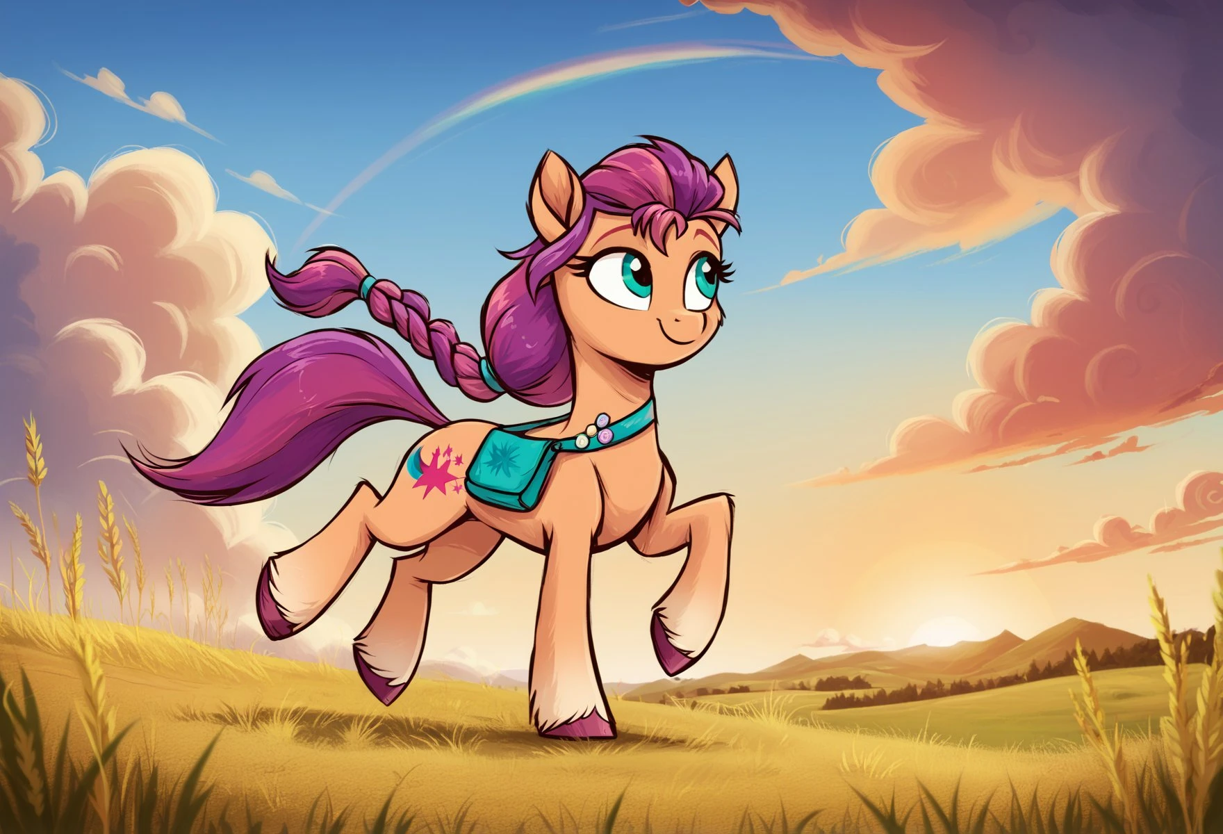 score_9, score_8_up, score_7_up, score_6_up, score_5_up, score_4_up, rating_safe, , female, mare
Sunny Starscout, pony, BIG FIELD, sunset, clouds, cheerful, looking away, detailed background, best quality, masterpiece, digital drawing
<lora:them_fighting_herds:1>TFH <lora:Wholesome-MLP-v1.3b:1>