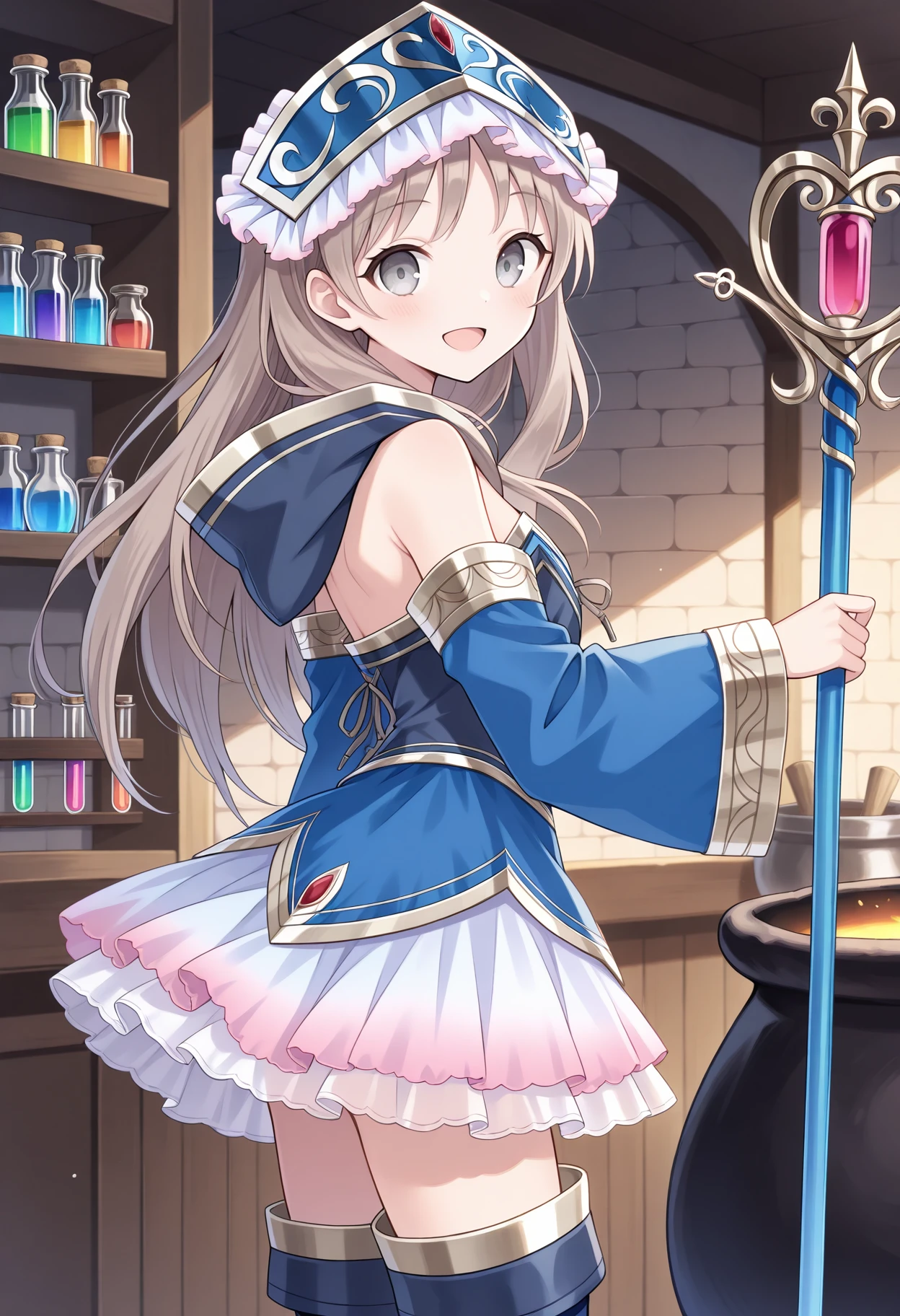 highres, best quality, masterpiece, indoors, cauldron, vial, shelf,
1girl, solo, attotori, light brown hair, long hair, grey eyes,
totoriblu, blue headdress, hood down, detached hood, drawstring, blue dress, bare shoulders, strapless, blue sleeves, detached sleeves, gradient skirt, white skirt, layered skirt, zettai ryouiki, blue thighhighs, thigh boots,
looking at viewer, blush, smile,
standing, open mouth, from side, holding staff,
<lora:_totooria-helmold-elesico-ilxlAc-000011:1>