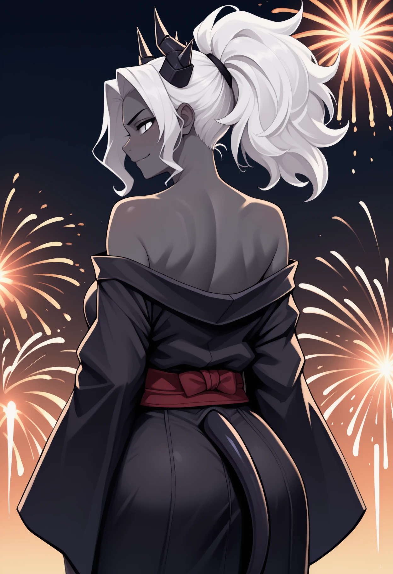 anime, masterpiece, best quality, newest, from behind, solo, 1girl, judg3ment, dark-skinned female, grey skin, black tail, demon tail, slight smile, looking back, long hair, white hair, ponytail, black horns, demon horns, white eyes, japanese clothes, black kimono, off shoulder, red sash, bare shoulders, outdoors, night, fireworks
<segment:yolo-face_yolov8m.pt,0.4,0.5//cid=1>