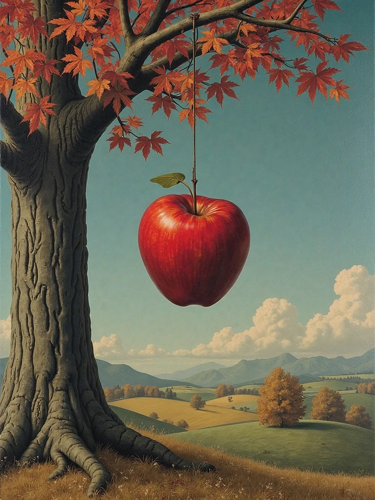 Compose an image in the surrealistic style of René Magritte, featuring an everyday object transformed into something unexpected: a vibrant red apple morphed into a human heart, hanging from a tree adorned with autumn leaves in hues of gold and crimson. This intriguing scene should be viewed from a bird's-eye perspective, evoking a sense of whimsy and mystery as the juxtaposition of reality and illusion plays across the canvas, inviting contemplation on the nature of truth and perception.