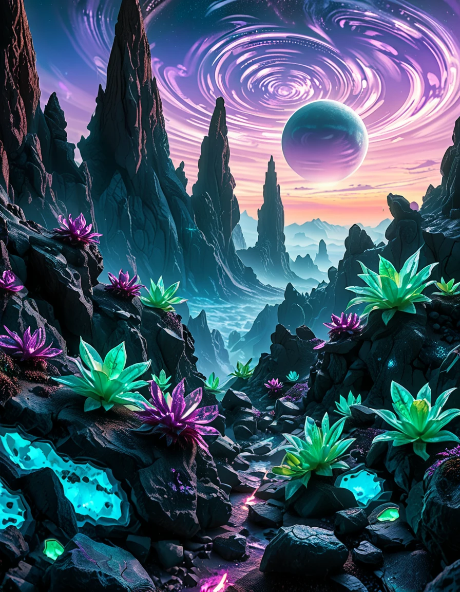 A breathtaking, high-resolution photograph of an alien planet with a surreal and otherworldly landscape. The sky is filled with two massive moons, casting an eerie glow over the terrain. Jagged rock formations, covered in bioluminescent moss, stretch across the horizon, glowing in shades of blue and purple. Strange, twisted plants with translucent leaves and pulsating veins grow from the cracked, iridescent soil. In the distance, towering crystalline mountains shimmer under the light of a distant red sun, their peaks enveloped in a misty, ethereal haze. The air is thick with floating luminescent spores, drifting like tiny fireflies. Rivers of liquid metal carve through the landscape, reflecting the vibrant alien sky. The atmosphere is a mix of neon blues, purples, and greens, creating a mesmerizing and futuristic scene, as if taken from the surface of a newly discovered exoplanet.
<lora:SDXLFaeTastic2400:0.4> <lora:extremely_detailed:0.4> extremely detailed,<lora:alien_pl4n3t:1>,alien pl4n3t