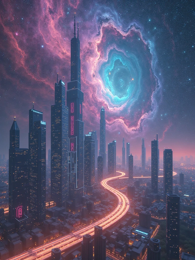 Envision a cosmic digital art composition depicting a celestial nebula in vibrant shades of purple and blue, with swirling formations reminiscent of Salvador Dali's melting clocks. From this mesmerizing starry canvas, extrude a futuristic cyberpunk cityscape, featuring towering skyscrapers adorned with neon lights that flicker and pulse like pulsars in the void. The scene is captured from an aerial viewpoint, emphasizing the intricate network of glowing highways connecting the city, while ethereal wisps of cosmic dust gently drift through this surreal fusion of sci-fi technology and otherworldly beauty. This image should evoke a powerful emotional gradient ranging from awe to wonder, as viewers are drawn into the celestial dance between man-made wonders and the raw power of the cosmos.