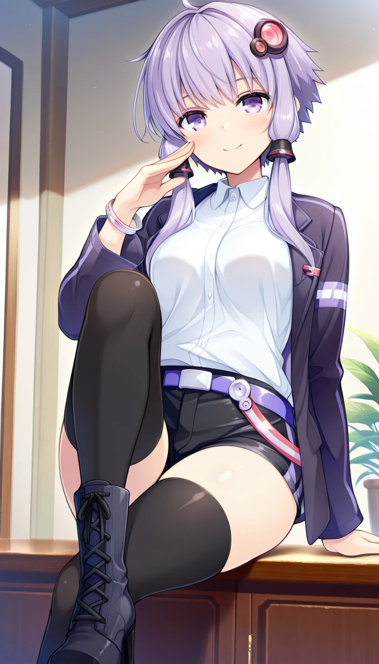 (masterpiece),best quality,amazing quality,very aesthetic,absurdres,newest,perfect body,shiny skin,perfect eyes,detail1eye,well-defined fingers,well-defined fingernails,anime style,indoors,1girl,solo,upper body,(portrait:1.5),looking at viewer,facing viewer,smile,blush,Asami Asami style,Yuzuki Yukari,short hair,purple hair,short hair with long locks,hair tubes,hair ornament,hair ribbon,sidelocks,blunt bangs,purple eyes,black jacket,open jacket,white shirt,collared shirt,medium breasts,long sleeves,bracelet,purple belt,black shorts,short shorts,zettai ryouiki,black thighhighs,cross-laced footwear,high heel boots,black footwear,<lora:Yuzuki Yukari(voi)-Illus-Remake:1.6>,<lora:Asami Asami[style]-Illus:1.6>,