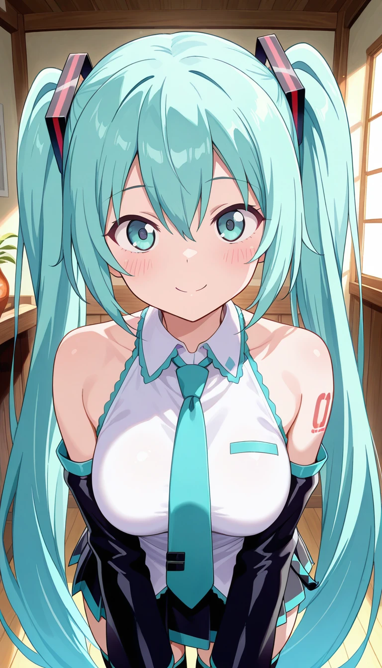 (masterpiece),best quality,amazing quality,very aesthetic,absurdres,newest,perfect body,shiny skin,perfect eyes,detail1eye,well-defined fingers,well-defined fingernails,anime style,indoors,1girl,solo,upper body,(portrait:1.5),looking at viewer,facing viewer,smile,blush,Gabriel Dropout Anime style,hatsune miku,absurdly long hair,aqua hair,twintails,hair ornament,sidelocks,hair between eyes,parted bangs,aqua eyes,white shirt,collared shirt,bare shoulders,sleeveless shirt,aqua necktie,detached sleeves,black sleeves,shoulder tattoo,fringe,black thighhighs,miniskirt,pleated skirt,zettai ryouiki,thigh boots,<lora:Hatsune Miku(voc)-Illus-Remake:1.6>,<lora:Gabriel Dropout Anime[style]-Illus:1.6>,